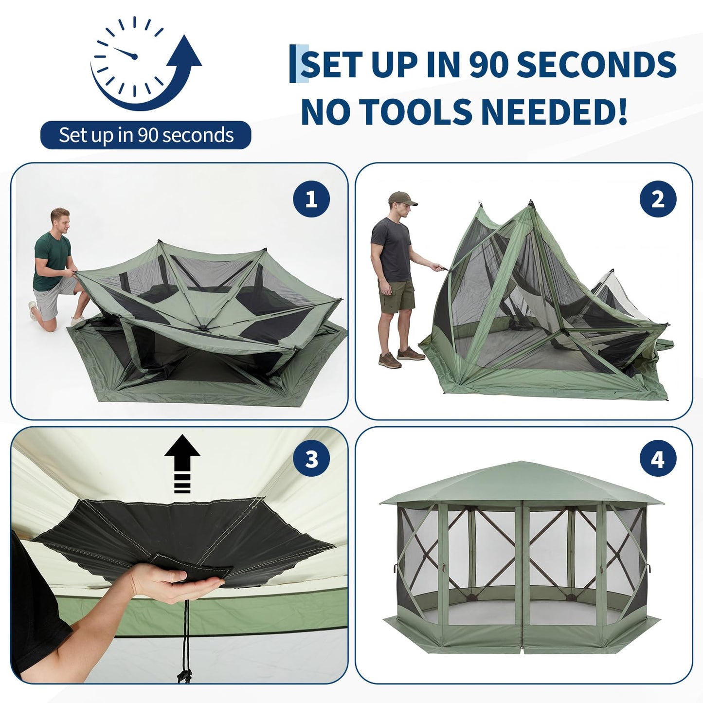 GarveeHome 13x13FT Pop Up Gazebo Screen Tent, 6-Sided Canopy with Starry Sky Top, 210D Oxford Water-Proof Instant Shelter with Mosquito Netting for Backyard Camping, Green & Gray