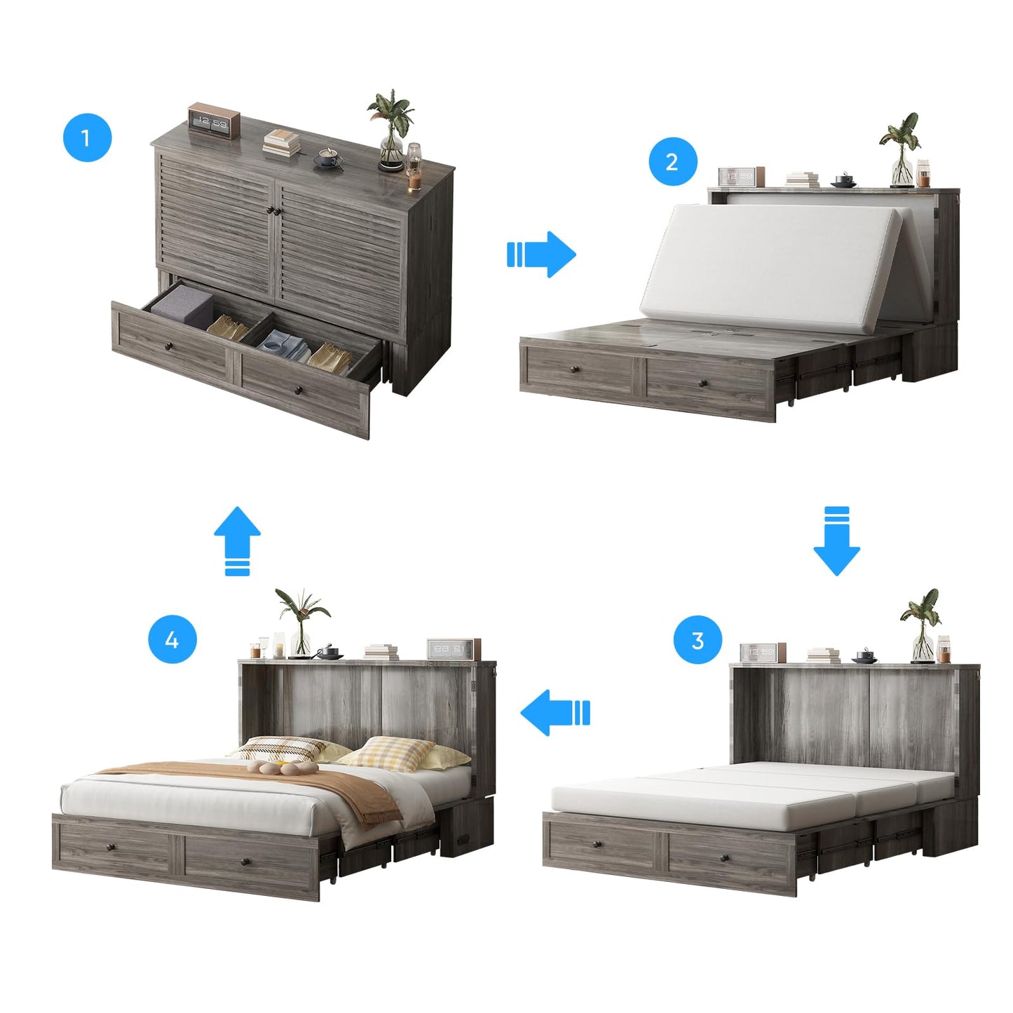 PUREMIND Queen Murphy Bed with Mattress Included, Murphy Bed Cabinet with Storage Drawer, Charging Station, Headboard, Space Saving Wall Beds for Guest Room