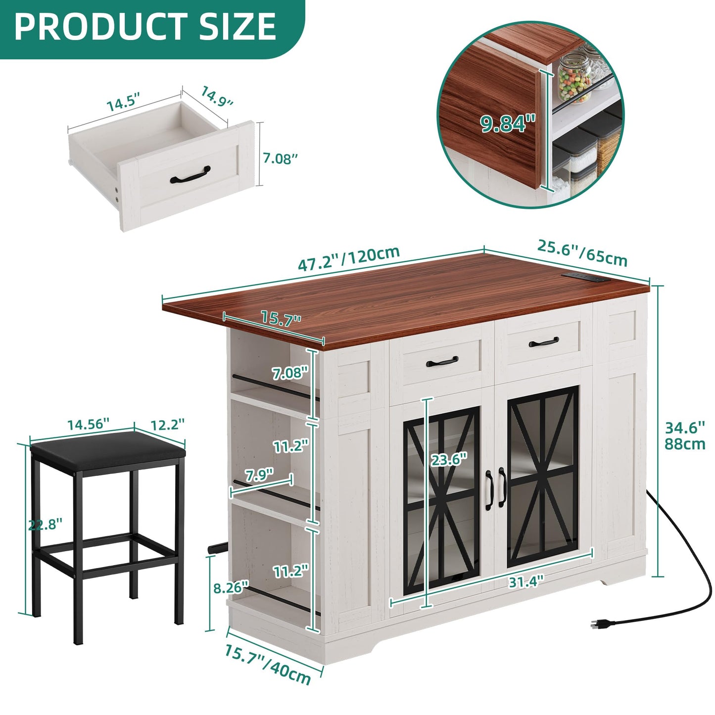 YITAHOME Kitchen Island with Seating, 47 Inch Mobile Storage Island with Drop Leaf, Rolling Islands Table with Power Outlet & Spice Rack, 2 Upholstered Stools and Footrest, for Dining Room, Off White