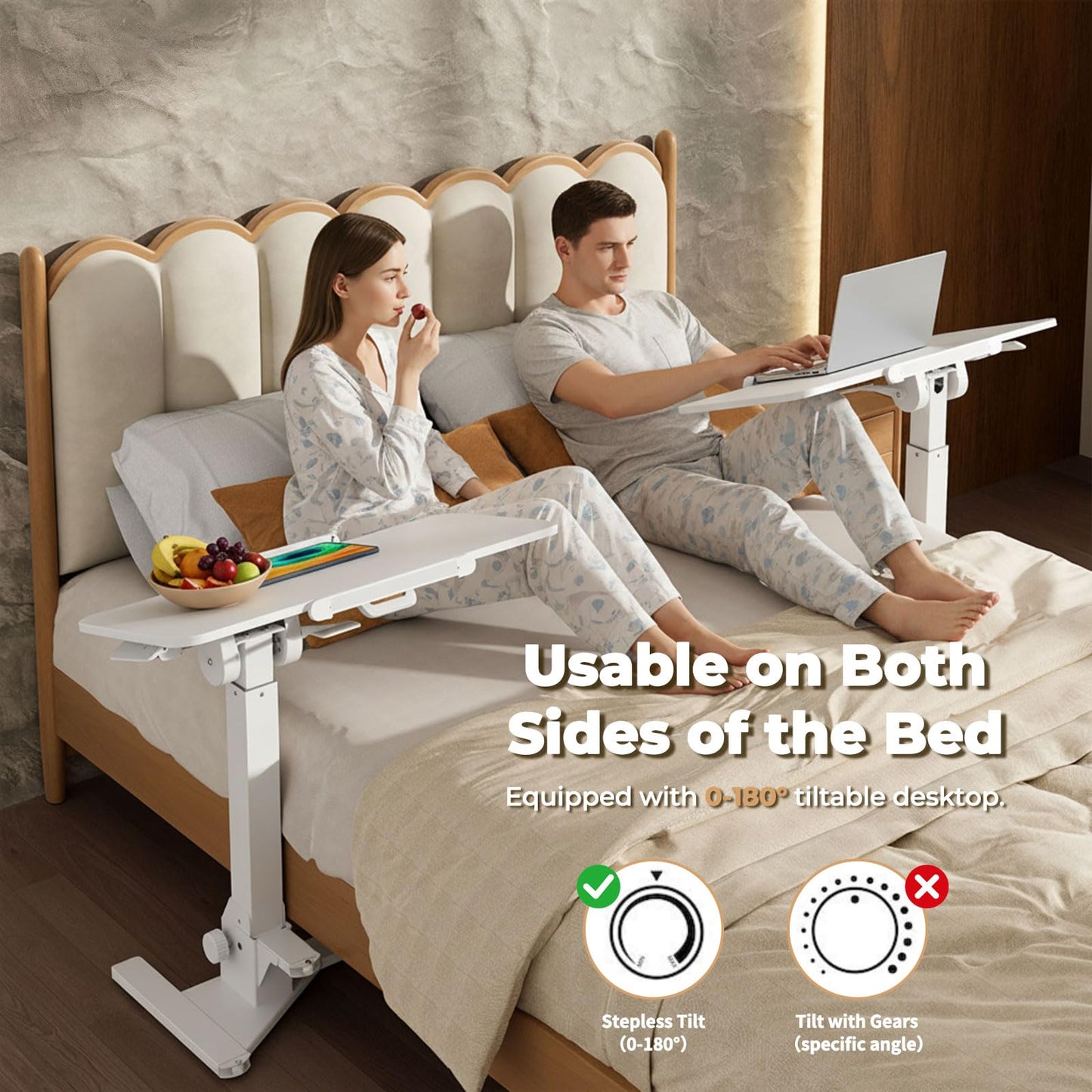 JOY worker Foldable Mobile Standing Desk, 180° Tiltable Overbed Bedside Table with 4 Lockable Wheels, 31.5" Height Adjustable Rolling Laptop Desk for Home & Hospital Use, Easy Storage, White