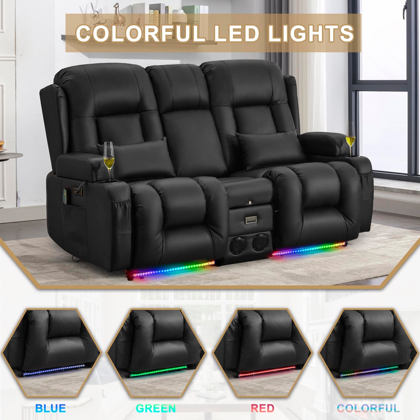 URRED Power Loveseat Recliner Sofa with Massage and Heat, Wall Hugger Reclining Loveseat with Console, RV Couch Home Theater Seating with LED Lights for Living Room (Black, 67" - 2 Seats)