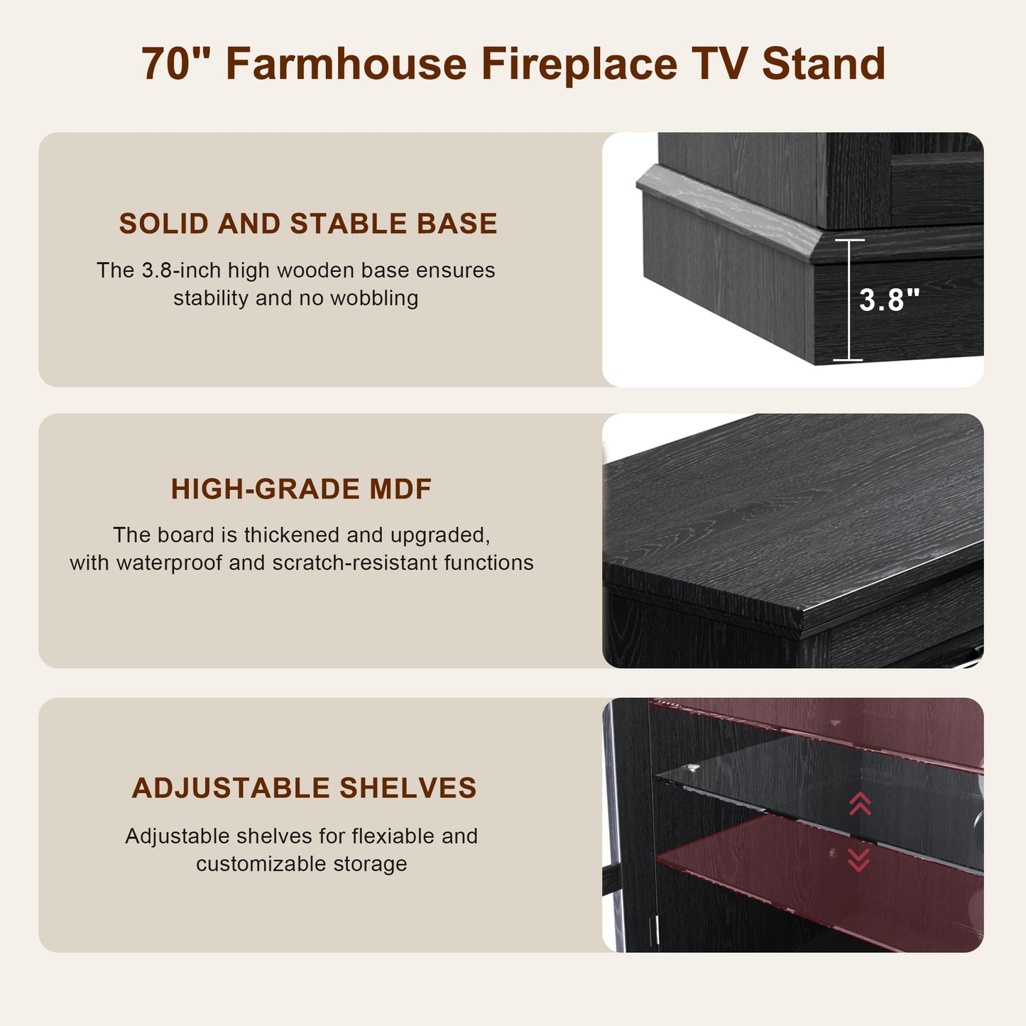 MXV 70" Fireplace TV Stand, 3-Sided Glass Fireplace and Modern Entertainment Center, Wooden Media Console with Glass Doors & Storage Drawers, LED Light, for Living Room, Black