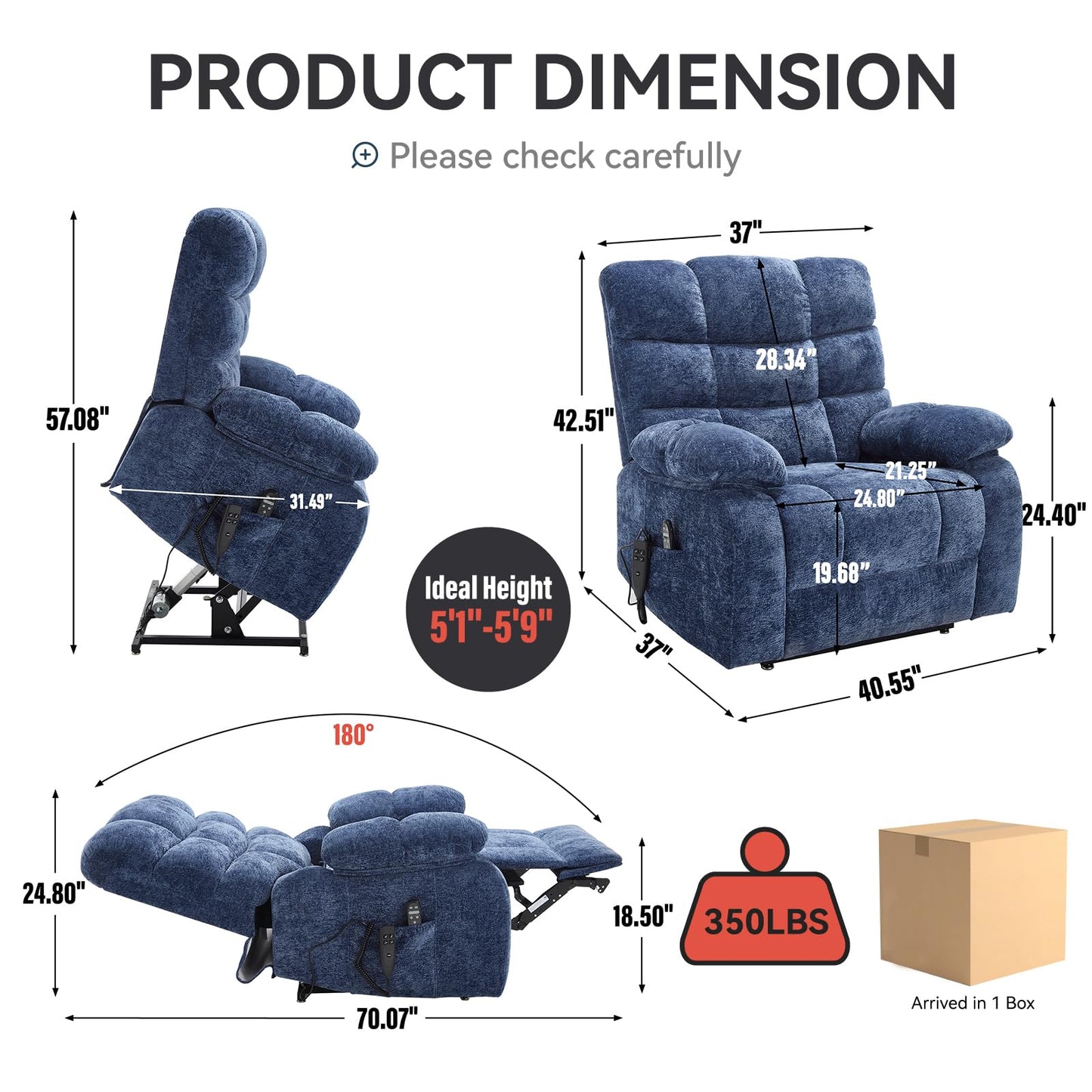 KEIKI Oversized Dual Motor Power Lift Recliner Chair for Elderly, Chenille Upholstery Breathable Rocking Chair with Back Massager and Heated, Cozy Family Room and Entertainment Hub, Blue