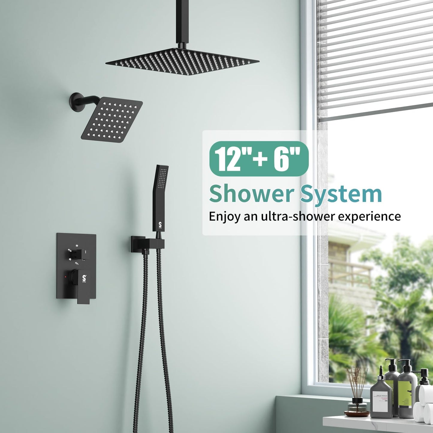 Shower Faucet Set Shower System - SR SUN RISE Matte Black Shower Trim Kit with Dual Shower Head, 12'' Ceiling Rainfall 6'' Wall Mount with Handheld Shower for Couples, Complete 6 Diverter Valve
