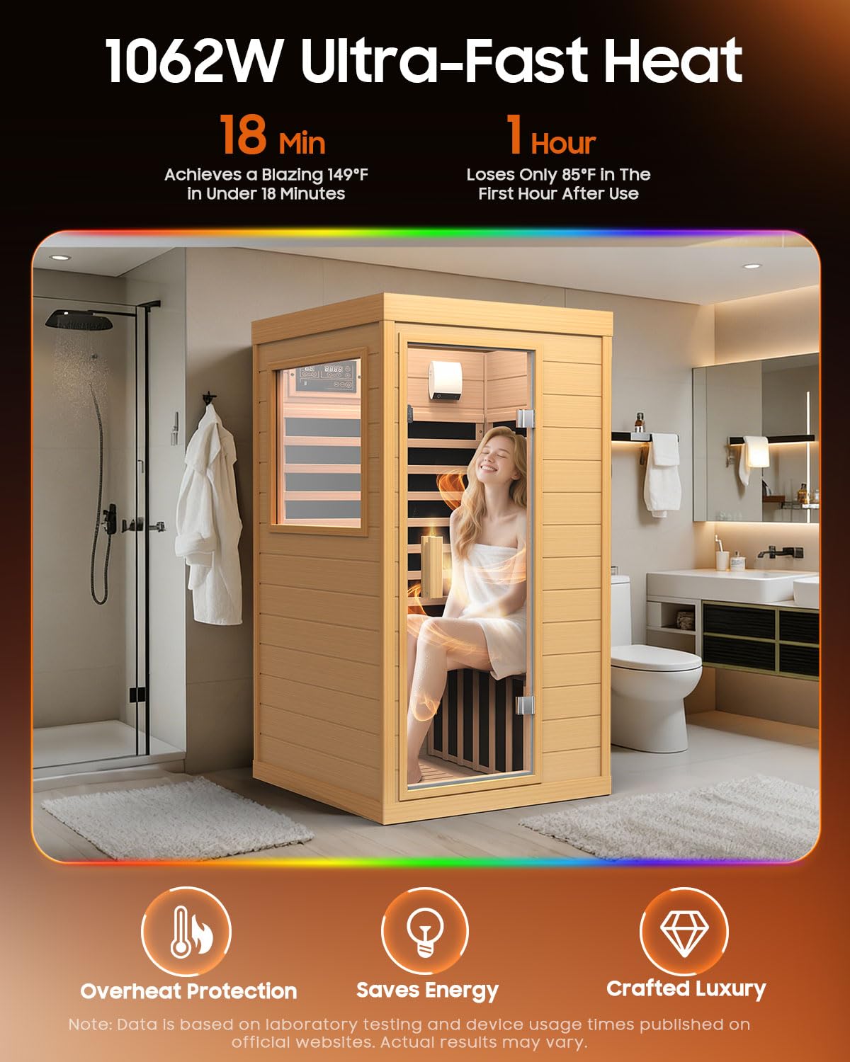 OUTARFIE Sauna Infrared Sauna, Hemlock 1 Person Dry Sauna with Backrest, 1062W Fast Heating Low EMF Sauna with 5 Carbon Heaters, Sauna Infrared with Bluetooth & Integrated Speakers (Wood)