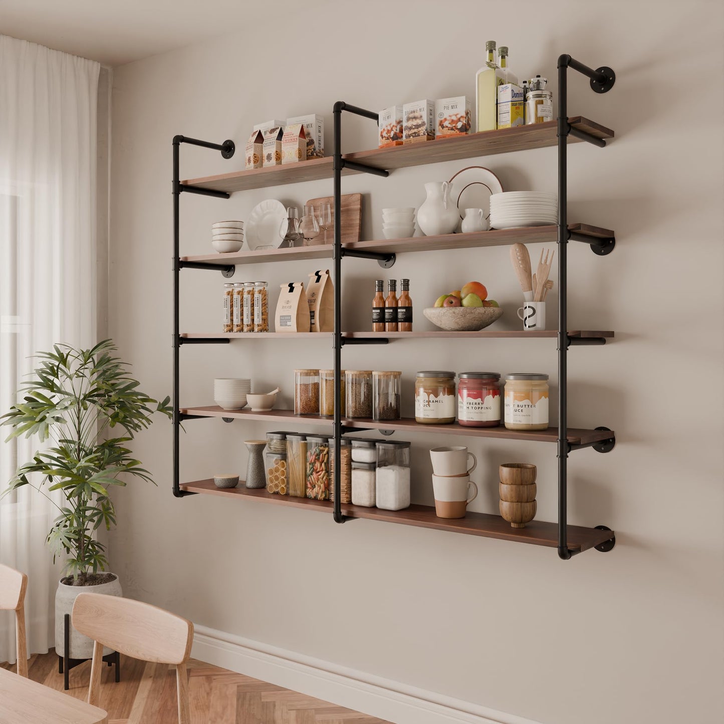 ONOTETUT Industrial Iron Pipe Shelf 5 Tier,72 inch Pipe Shelving with Solid Wood Plank,Open Book Shelves Storage,Floating Wall Mount Bookcases for Living Room,Office,Kitchen