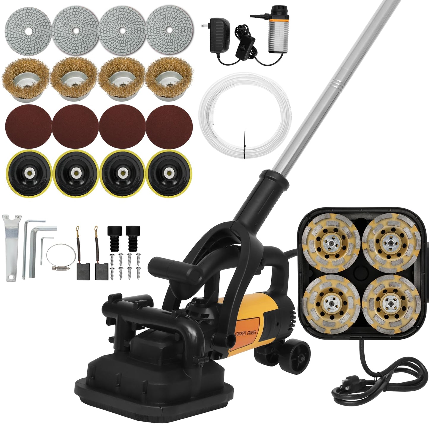4-Head Concrete Grinder Machine with Handle & Auxiliary Wheels，3800W Floor Grinder For Concrete with 6-Speed Control & Dust Collection Cover, Floor Grinder for Grinding Concrete Deck Marble Granite