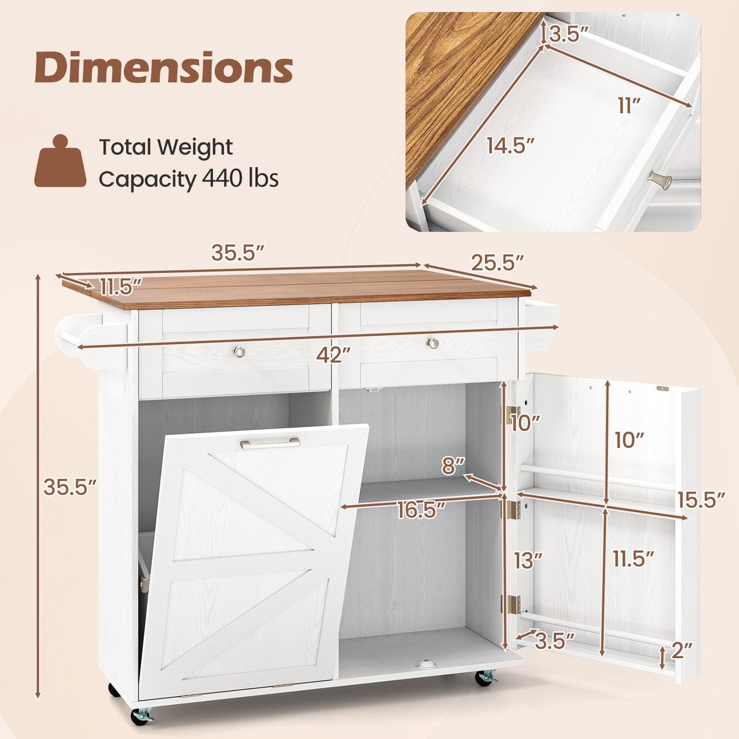 Giantex Kitchen Island Cart with Hidden Tilt Out Trash Can Cabinet, Drop Leaf, 2 Drawers, Towel Rack, Rolling Mobile Breakfast Bar Table, Wood Kitchen Storage Cart on Wheels (White & Natural)