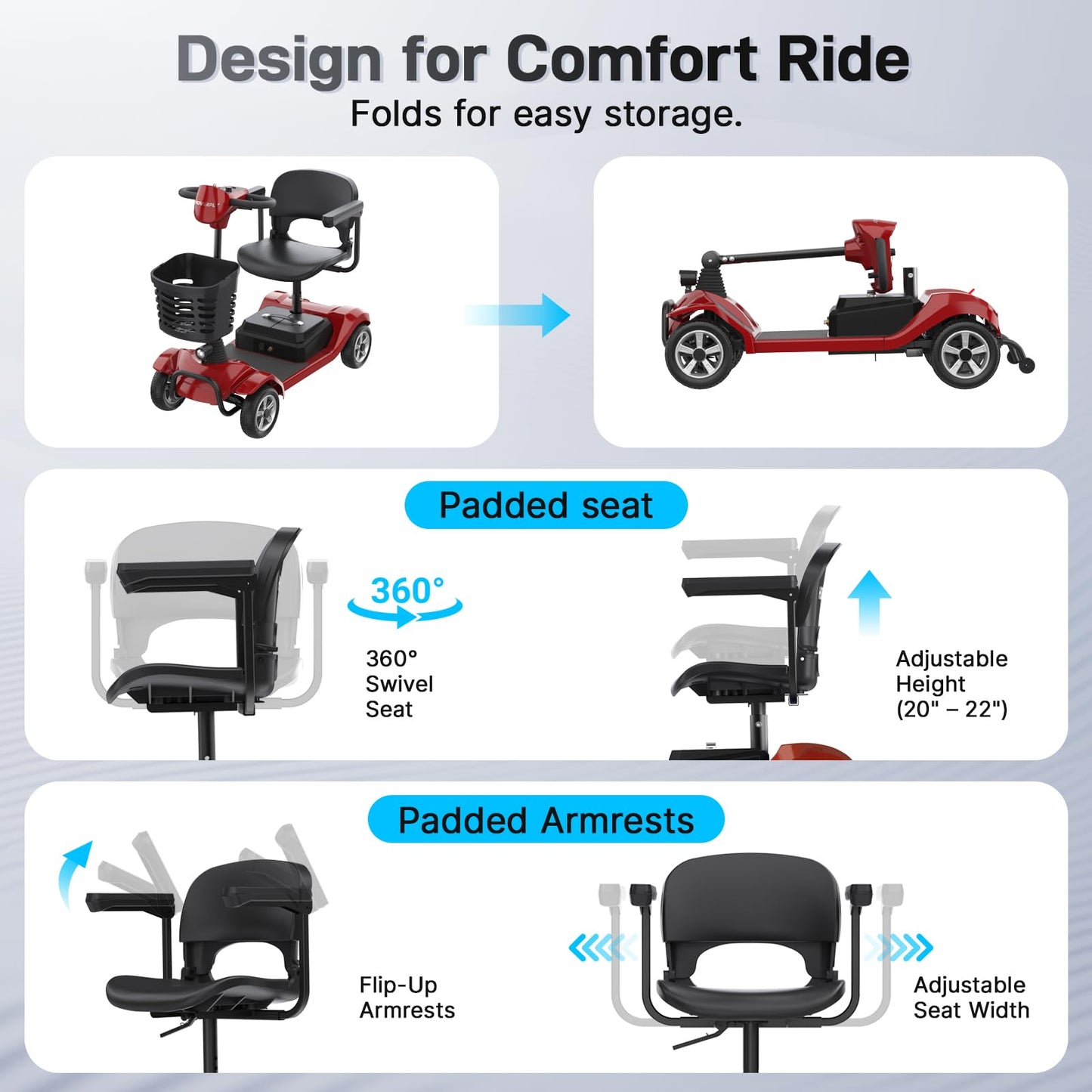 Hoverfly T4 Mobility Scooter for Seniors, Max 12.4-Mile Range & 3.7 mph, 3-Position Seat & Anti-slip Rear Wheel, Removed Battery&Quick Fold Design, Solid 9" Tire &330 lb Capacity, Ease of Assembly Red