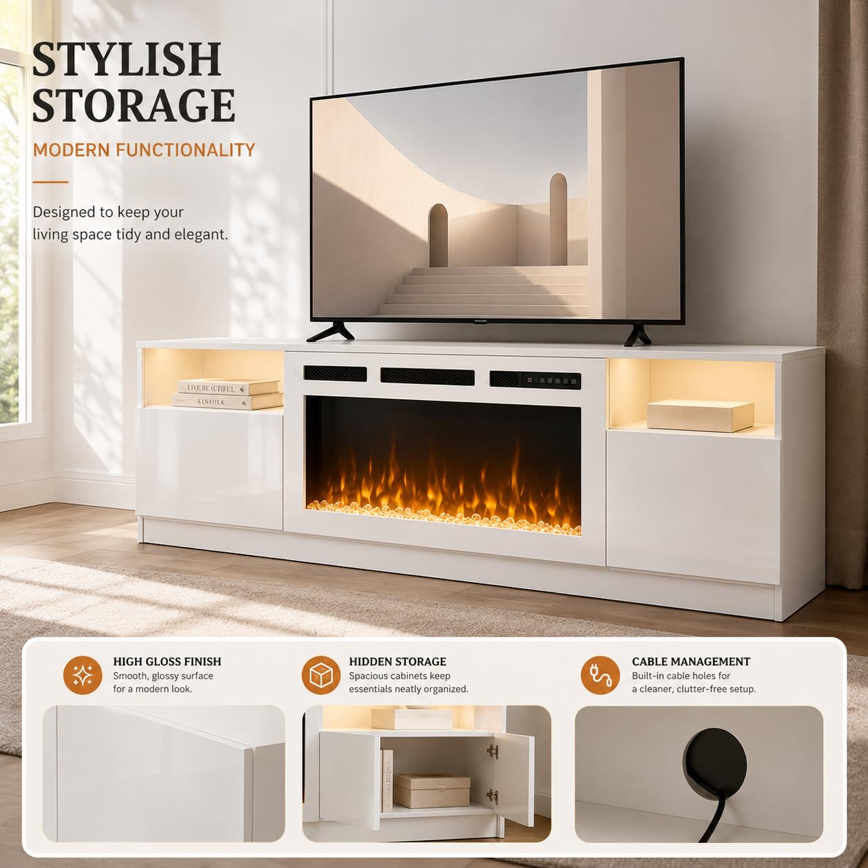 OneBlis 70" Fireplace TV Stand for TVs Up to 80",Entertainment Center with 36” Electric Fireplace and 12 Colors LED Lights,Large TV Console with Storage Cabinet for Living Room,All White