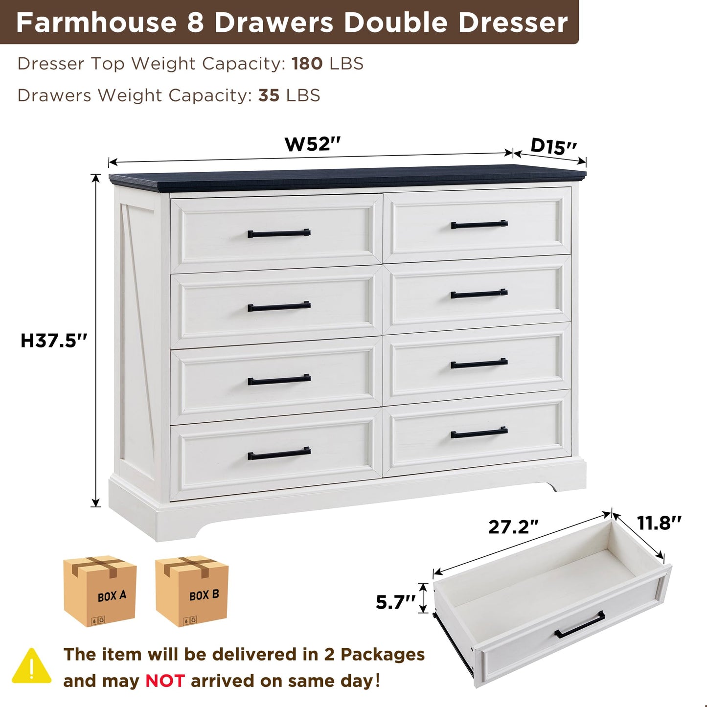 ACCOHOHO Farmhouse 8 Drawers Dresser Chests for Bedroom,52" Wide Wood Rustic Chest of Drawers with Metal Handle,Natural Texture,Drawer Organizer for Bedroom,Living Room,Hallway Entryway,Antique White