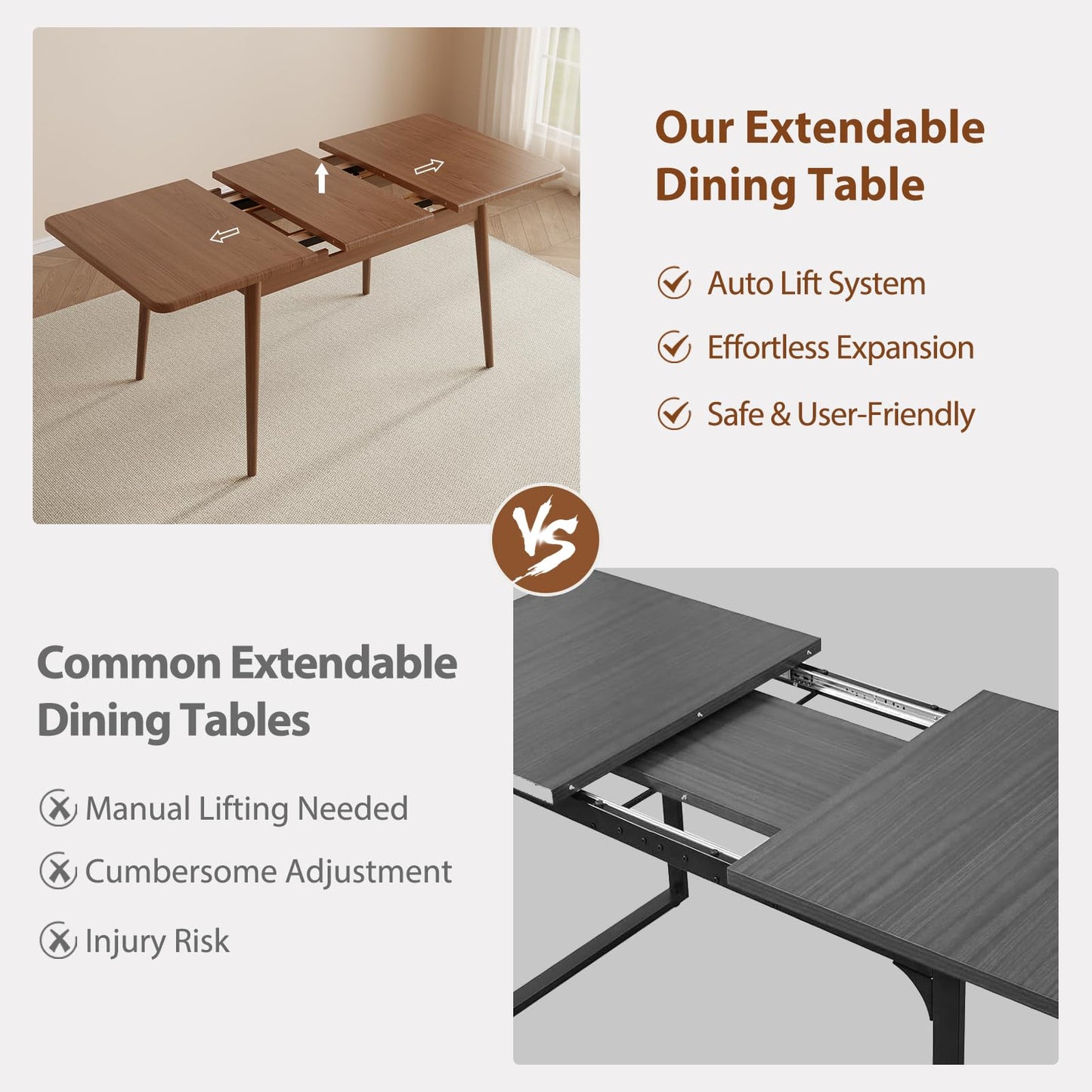Muwuele Solid Wood Extendable Dining Table for 4-8 People with Seamless Extension from 47.2 to 63 Inches, Easy Assembly, Expandable Tables for Small Spaces, Dining Room, Kitchen, Living Room, Walnut