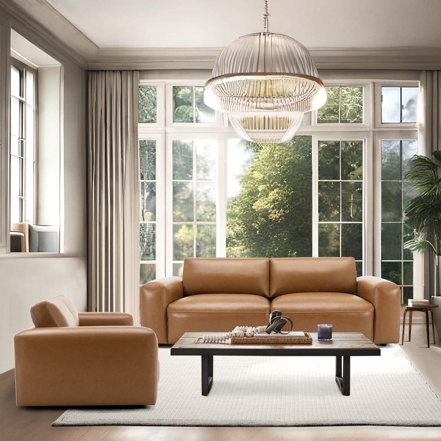 COLAMY 95Inches Oversized PU Leather Sofa for Living Room-Down Filled 3-Seater Modern Sofa with Extra Deep Seats, Wide Arm-Brown