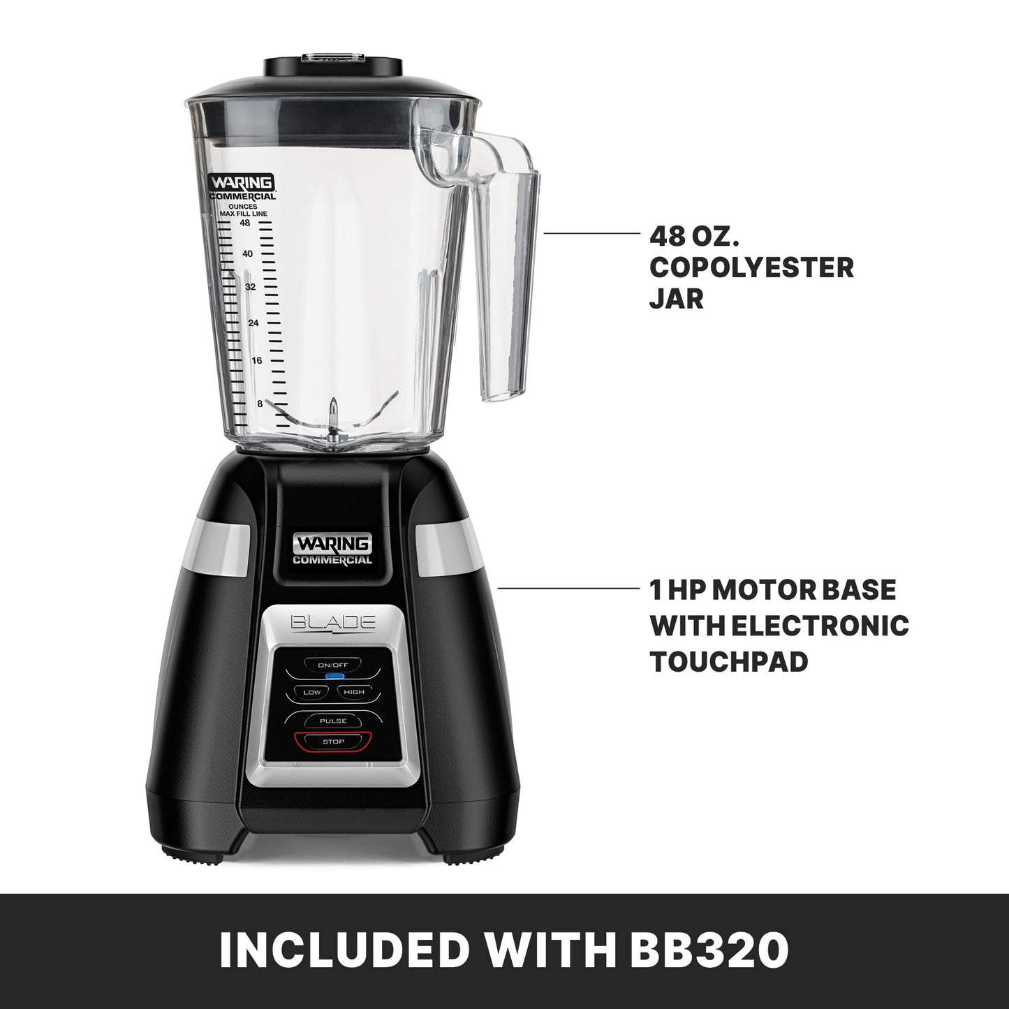 Waring Commercial BB320 Blade 1 HP Blender, Toggle Switch Controls with Pulse feature, 48 oz BPA Free Copolyester Stacking Container, 120V, 5-15 Phase Plug Black