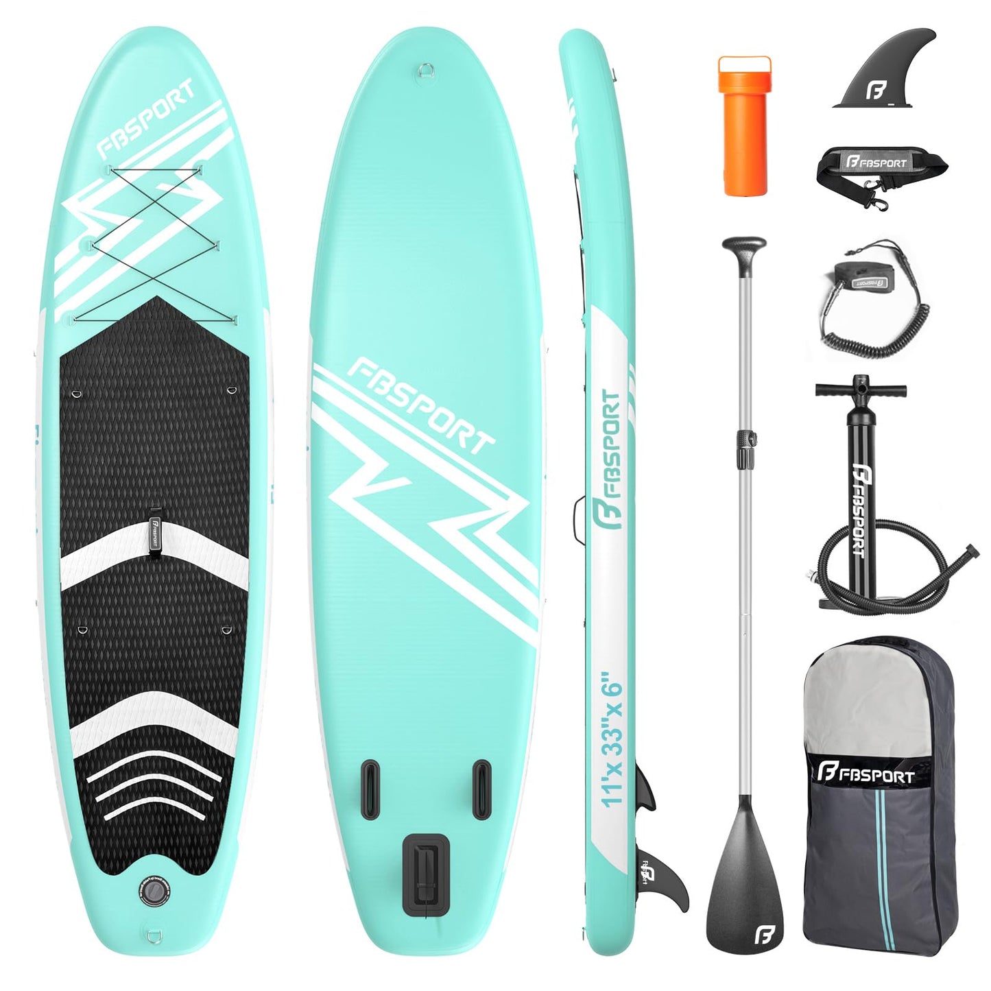 FBSPORT 11' Premium Stand Up Paddle Board, Yoga Board with SUP Accessories & Carry Bag | Wide Stance, Surf Control, Non-Slip Deck, Leash, Paddle and Pump for Youth & Adult (MintGreen)