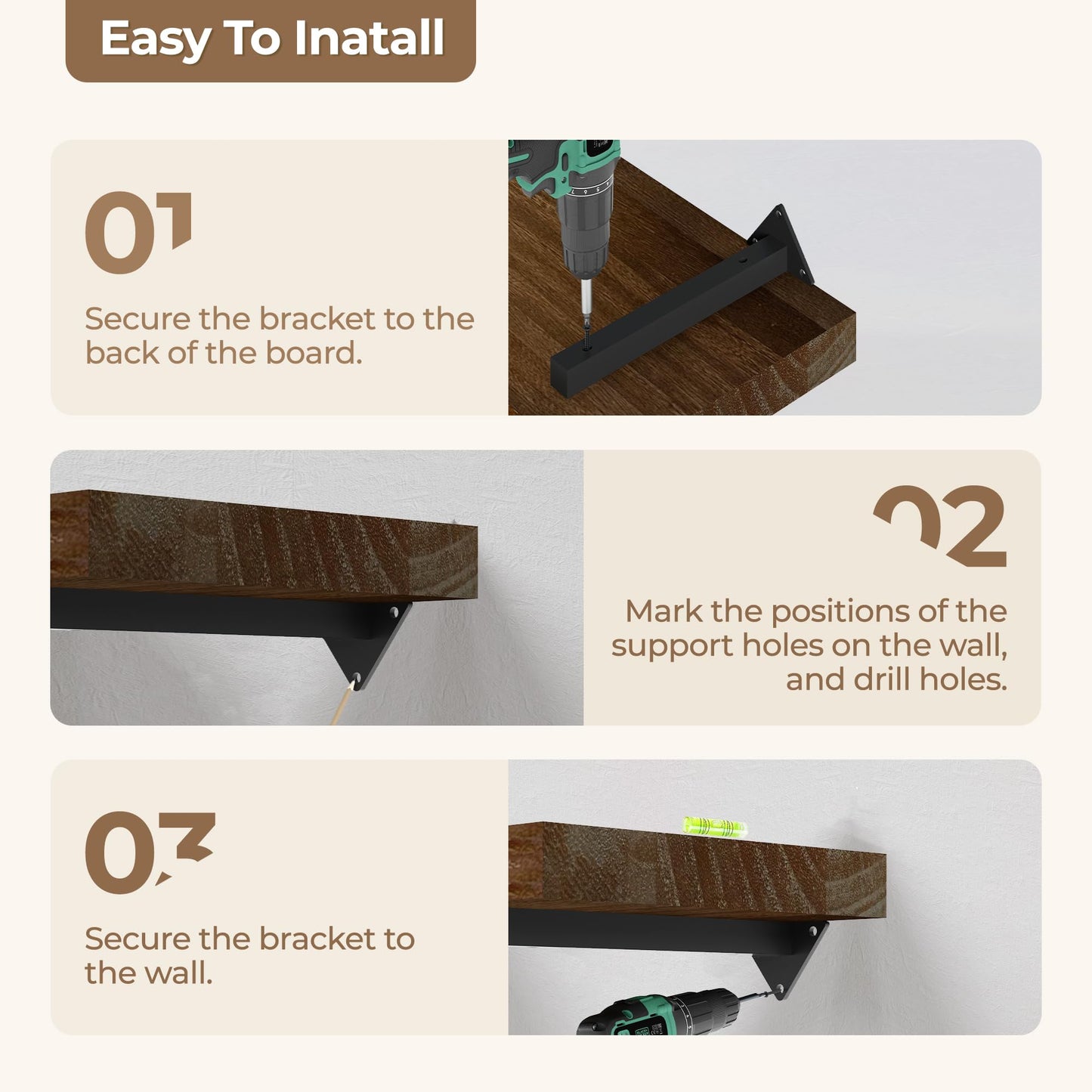 ONOTETUT 60 Inch Long Wall Shelves,Long Floating Shelf for Wall Set of 3,Walnut Large Wall Mounted Shelves with Metal Brackets,Farmhouse Bookshelf Shelves for Office
