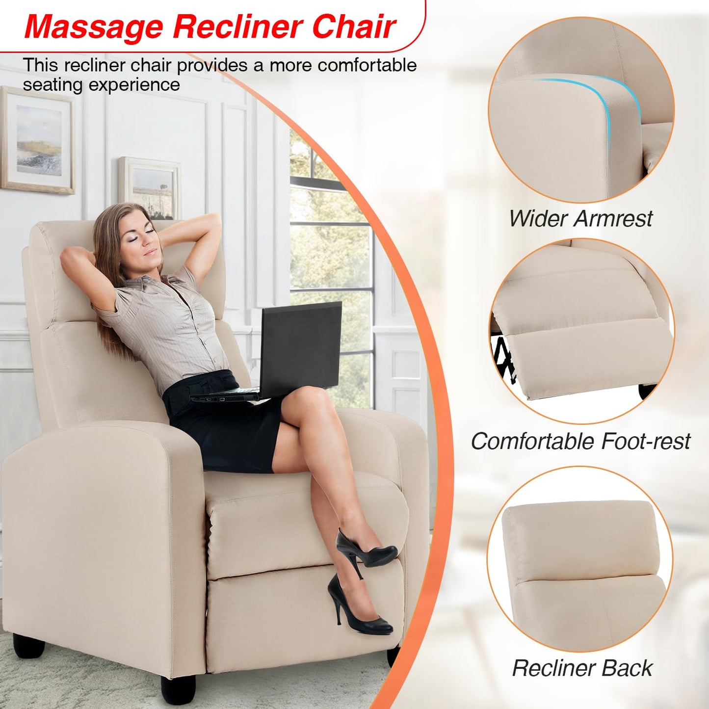 FDW Recliner Chair Massage Chair Reading Chair Reclining Sofa Home Theater Seating with Lumbar Support Massage and Padded Backrest for Living Room and Bedroom (Textile, Beige)