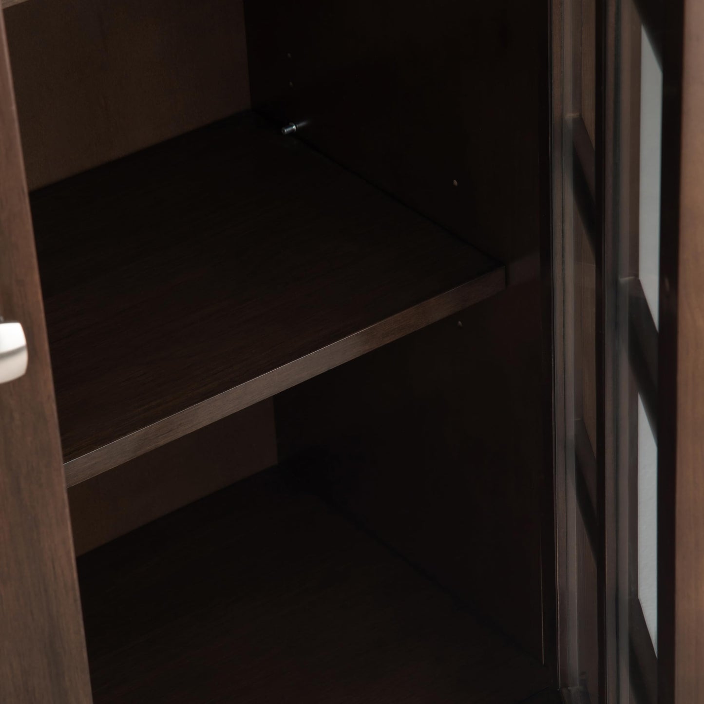 SIMPLIHOME Acadian Storage Cabinet - 39 inch Wide Solid Wood 4-Shelf Display Cabinet in Natural Aged Brown, Transitional Cupboard for Living Room or Dining Room with Glass Doors and Adjustable Shelves