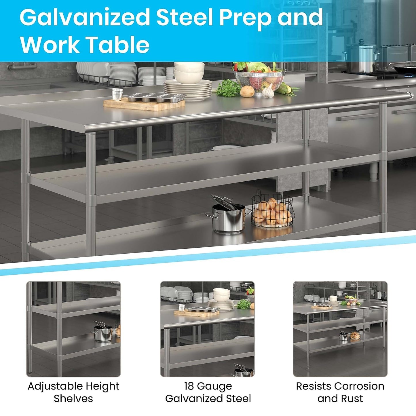 Flash Furniture Ravenel Stainless Steel 18 Gauge Work Table with 1.5" Backsplash and 2 Undershelves - 72"W x 30"D x 34.5"H, NSF
