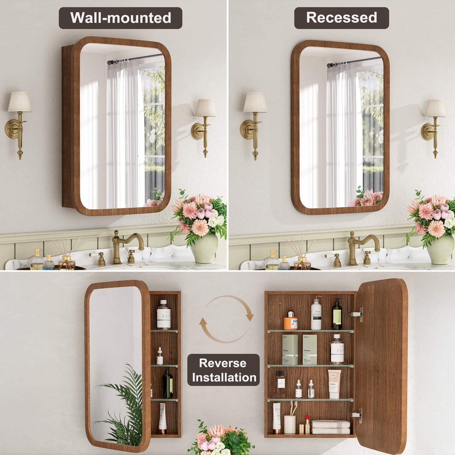 Keazile 20x28 Inch Wood Medicine Cabinet with Mirror, Surface or Recessed Mount Bathroom Mirror Cabinet, Adjustable Glass Shelves, Soft-Close Door, Rounded Corner, Fully Assembled, Walnut