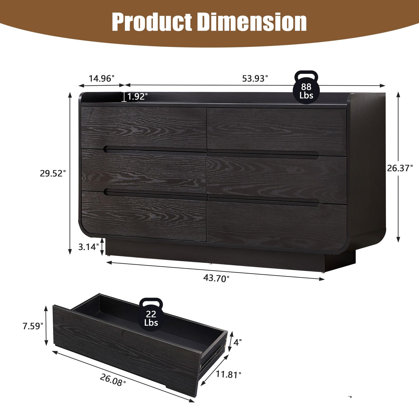 YUCHIATH Curved 6 Drawer Dresser for Bedroom, Modern 53-Inch Chest of Drawers, Wood Storage Dresser Organizers with Hidden Handles, 6 Drawer Dressers for Bedroom, Nursery, Living Room, Black