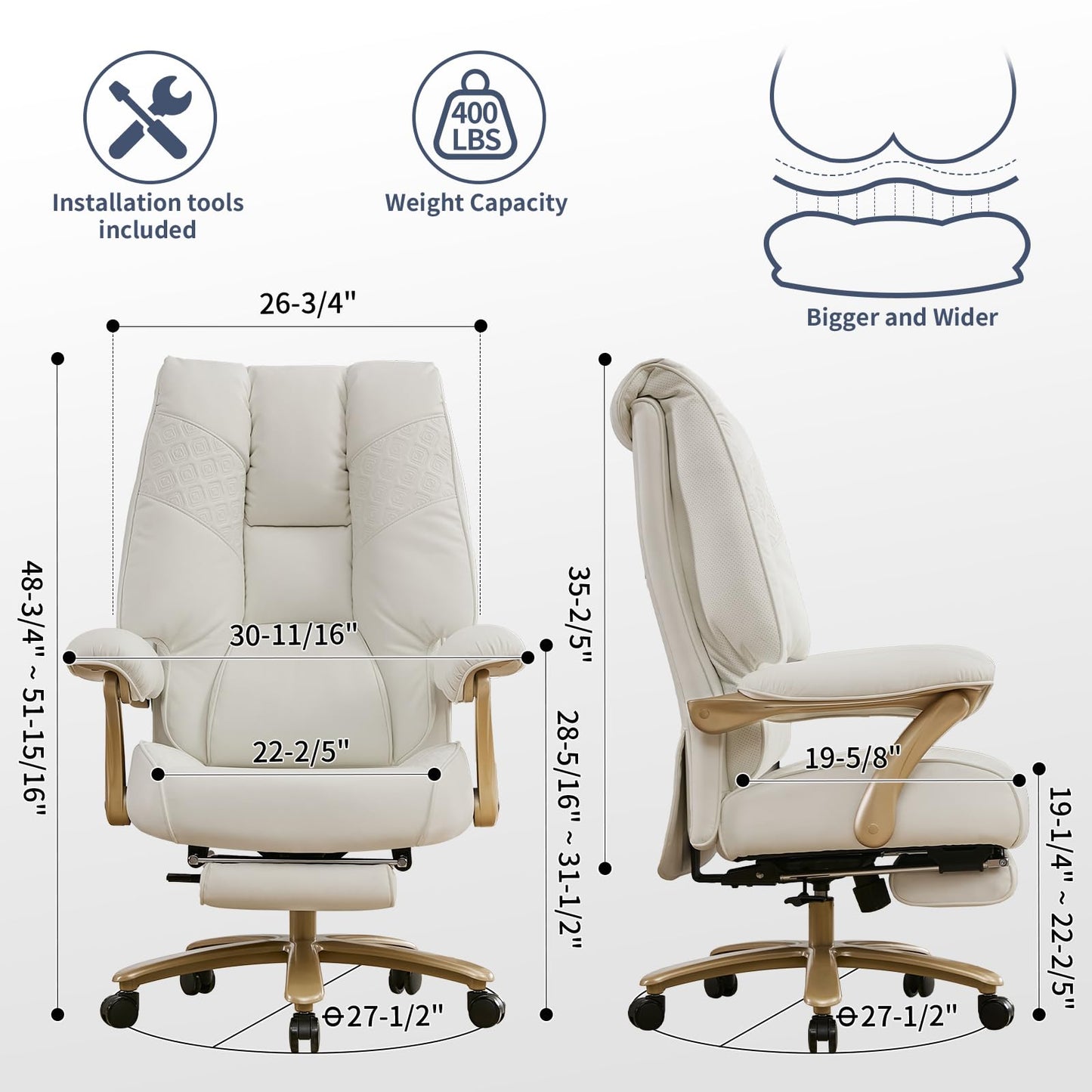 EXCEBET Big and Tall Executive Office Chair with Footrest, 400LBS Capacity Ergonomic High-Back Desk Office Chair with Lumbar Support, Padded Armrests & Thick Cushion, White PU Leather Chairs