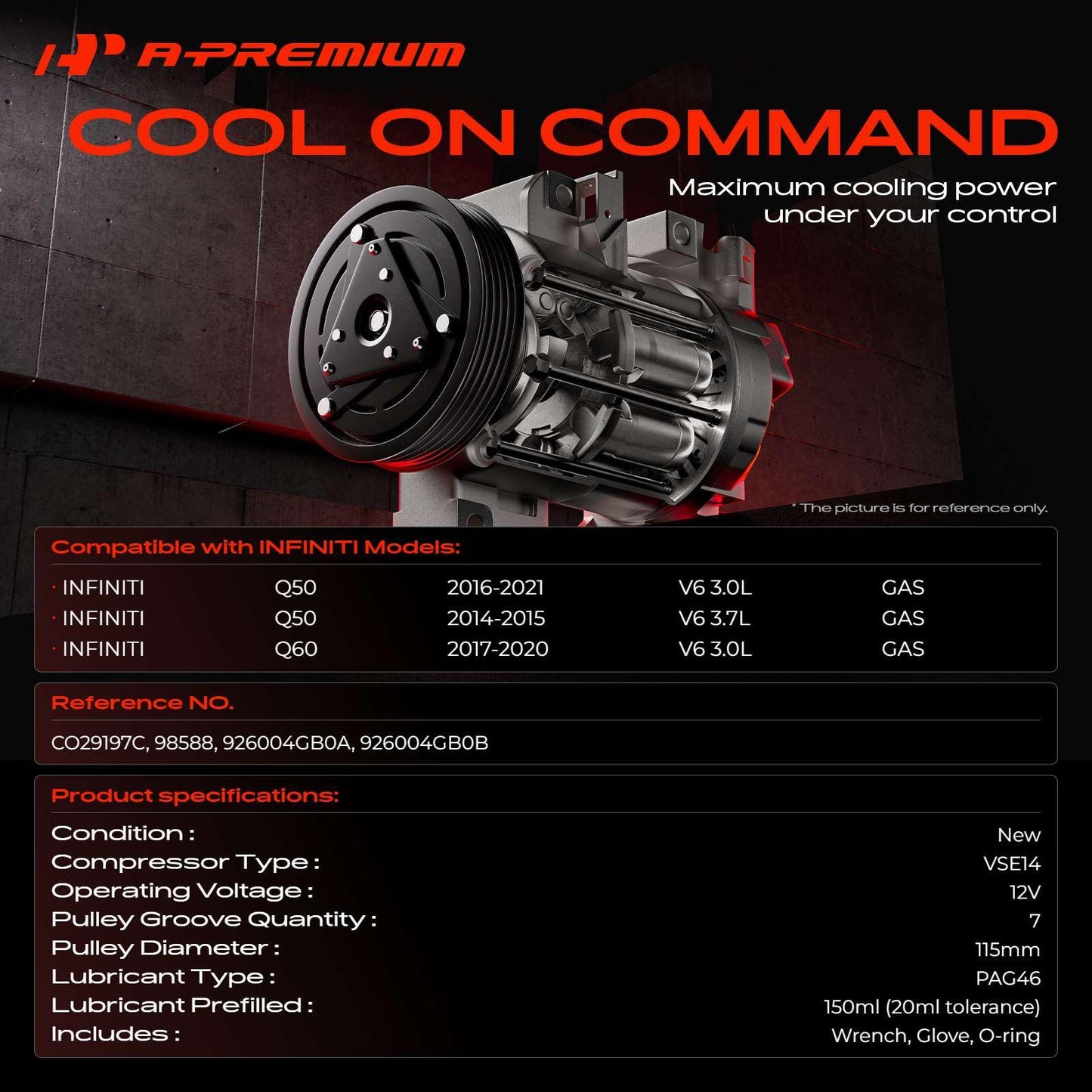 A-Premium Air Conditioner AC Compressor with Clutch Compatible with Infiniti Q50 3.0L 2016-2021, Q50 3.7L 2014-2015, Q60 3.0L 2017-2020