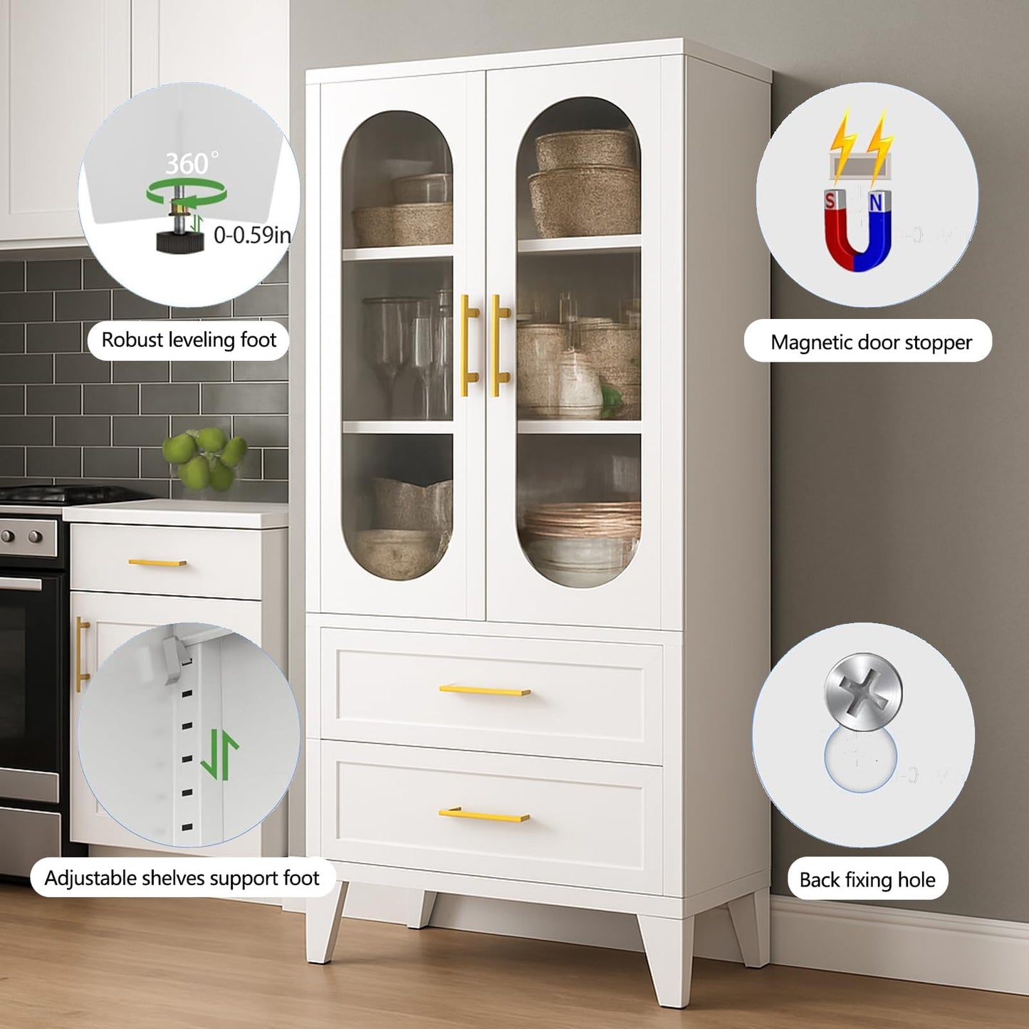 GarveeLife Tall Pantry Cabinet 73" h x 14" d, White Freestanding Storage Cabinet with 2 Large Drawers & Adjustable Shelves & Fluted Glass Door for Kitchen, Bathroom, Office & Hallway