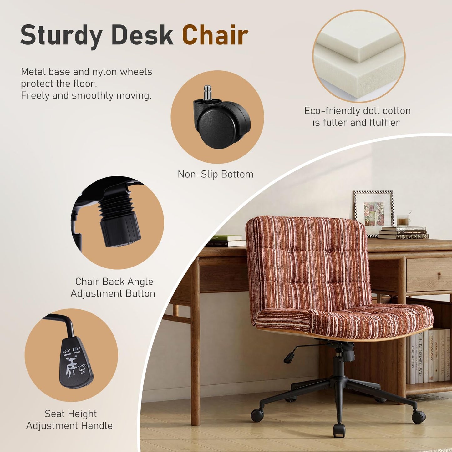 Furnimart Heavy-Duty Curved FSC Wood Desk Chair 360° Swivel, Premium Chenille Criss Cross Chair with Wheels Wide Seat, Comfy Armless Cross Legged Sitting for Bedroom, Office, Vanity(Dark Brown)