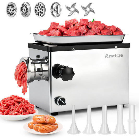 Anatole Commercial Electric Meat Grinder 1.3 HP 950 W Heavy Duty Meat Bones Mincer Stainless Steel Sausage Stuffer with 4 Grinding Plates 2 Blades for Restaurant Hotel 110V