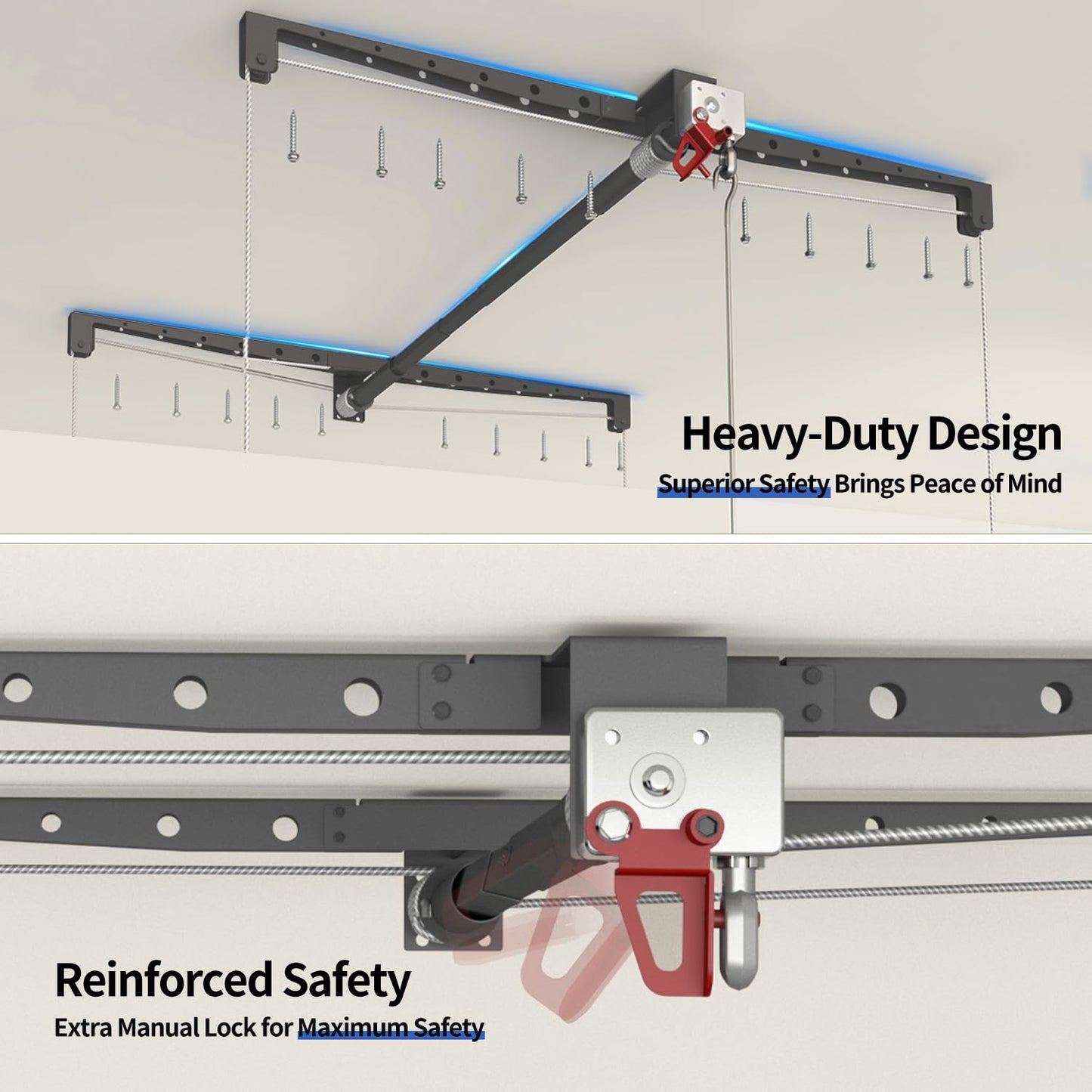 KOKORACKER Overhead Garage Storage Lift, Adjustable Heavy-duty 4x4 Ft Ceiling Racks with Safety Lock, Ideal for Storage Lifting Organization System, 250lbs Capacity