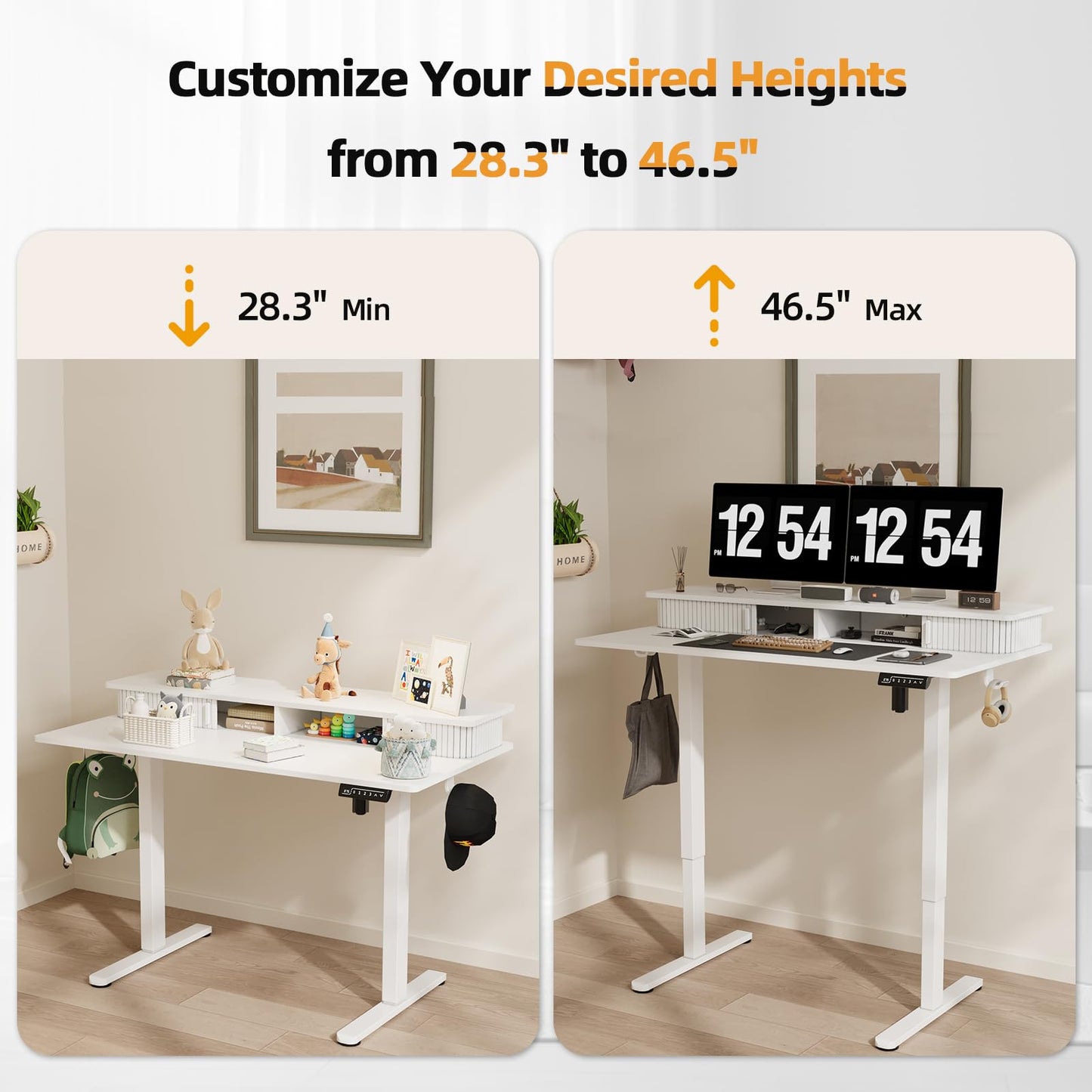 JOY worker Height Adjustable Electric Standing Desk with Storage Shelves, 48 Inch Table with Built-in Monitor Stand, Sit Stand Desk with 2 Hooks for Home Office, White