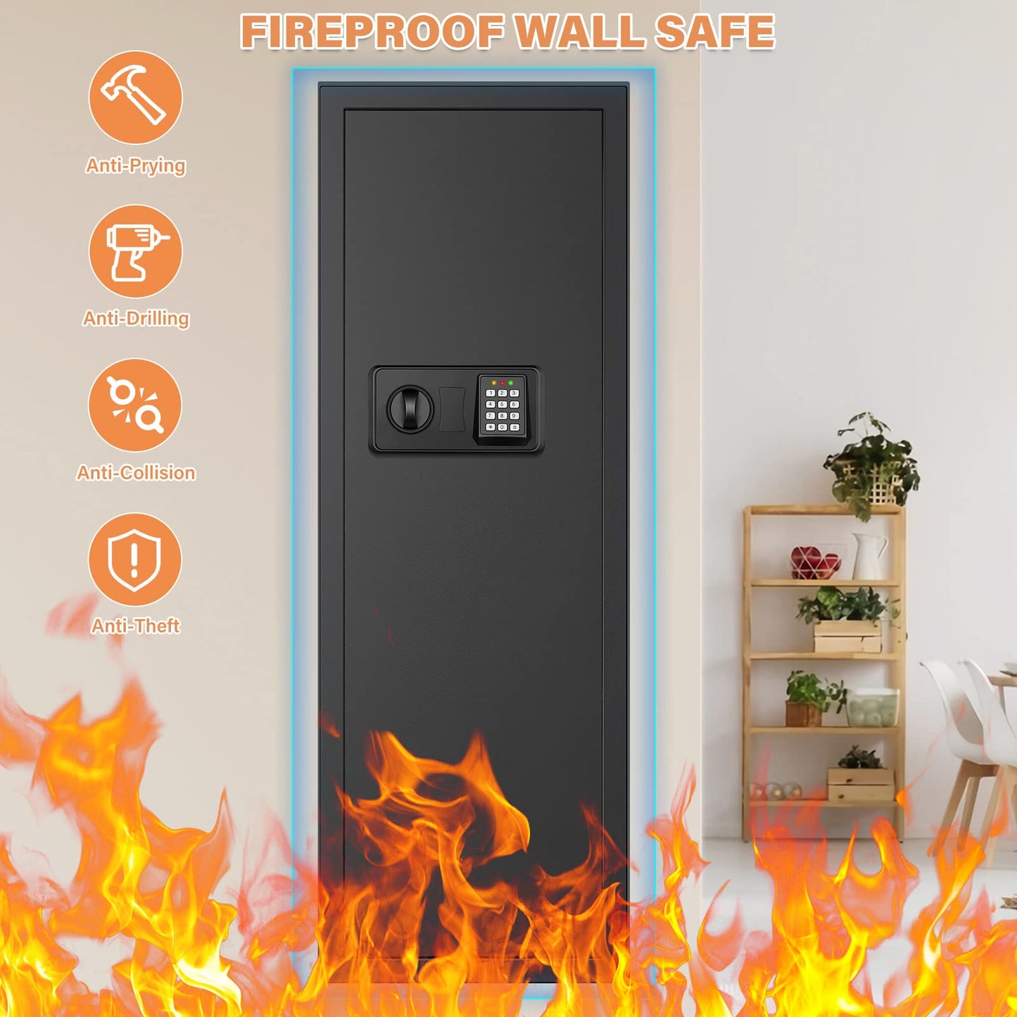 43.3" Tall Fireproof Wall Safes Between the Studs 16" Centers, Electronic Hidden Safe with Removable Shelf, Fireproof in Wall Safe for Money Jewelry Passport