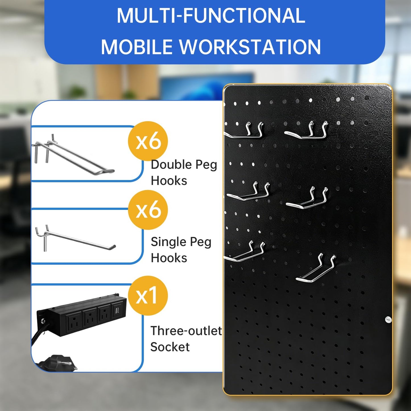 Upgraded AV Cart with Power Strip, Mobile Media Workstation with Pegboard & 12 Hooks, Locking Cabinet, Pull-Out Keyboard Tray, Rolling Computer Cart, Utility Trolley (40" x 18" x 31.5")