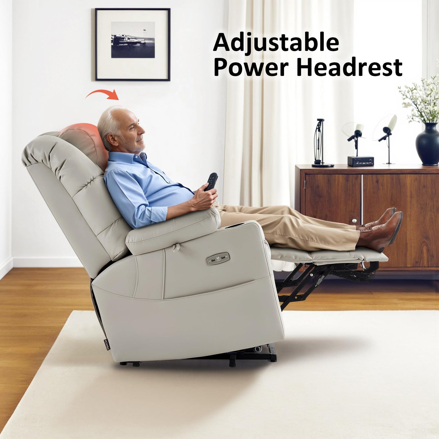 MCombo Triple Motor Power Lift Recliner Chair with Massage and Dual Heating, Adjustable Headrest for Tall Elderly People, Faux Leather 7634 (Light Grey, Large)