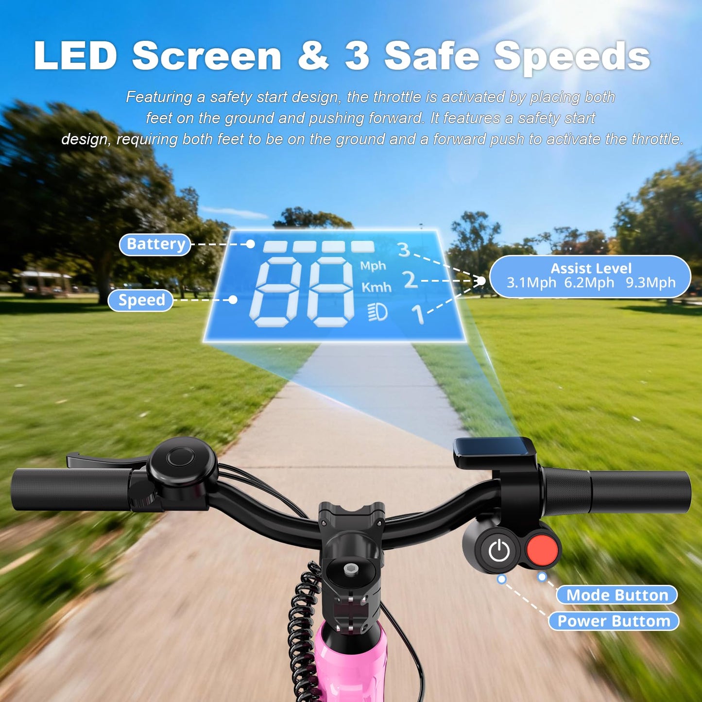 YunTopKids 24V Electric Balance Bike for Kids Ages 3-5, 12" Pneumatic Tires, Safe Kick-to-Start, 3 Speeds Up to 9.3 MPH, 180W Motor, LCD, Quick Charging, LED Lights (Pink)