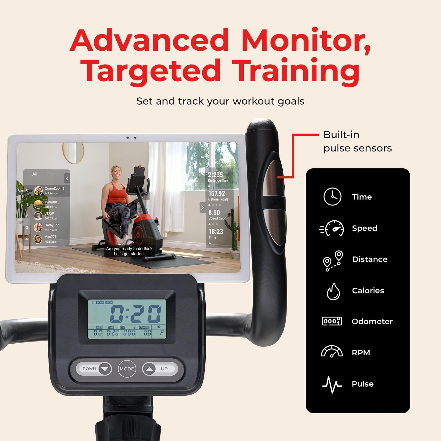 Sunny Health & Fitness Smart Recumbent Bike w/Workout Bands, 300LB Capacity Compact Equipment for Indoor Full-Body Exercise, Adjustable Cushion Seat for Seniors Home Cardio Training, Free SunnyFit App