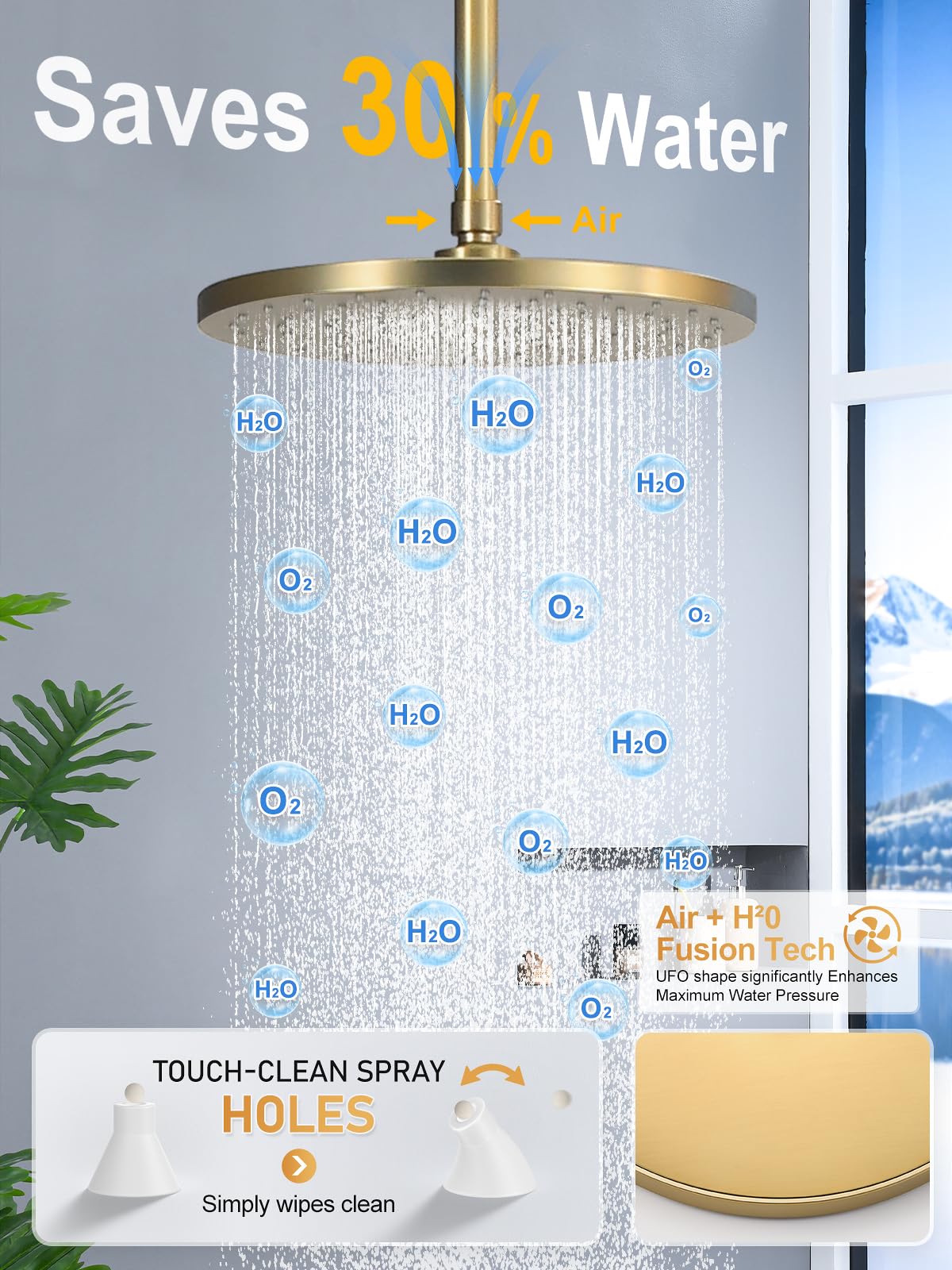 Woindo Shower Faucet Set 10" Rain Shower Head/8'' Side Shower Head and 3 Setting Handheld Ceiling Mount 3 Push Button Diverter Complete Rainfall Round Shower System Included Valve Trim Kit