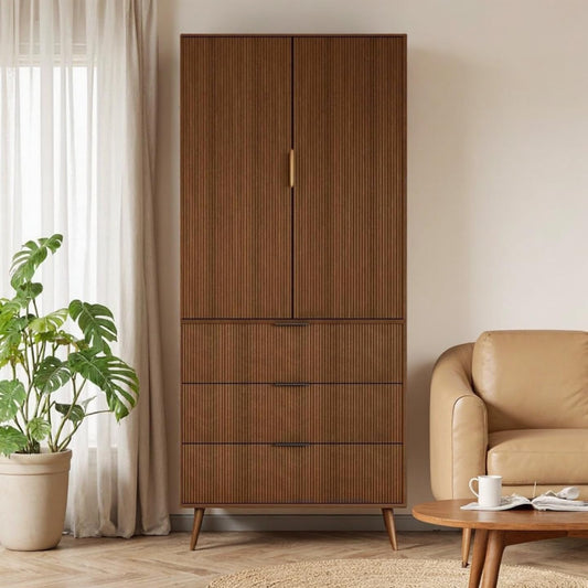 Topcomfy Tall Fluted Cabinet, Kitchen Pantry Cabinet with 2 Doors, Wood Cupboard with Adjustable Shelves, Mid Century Modern Cabinet for Living Room, Dining Room, Entryway, Office, Walnut