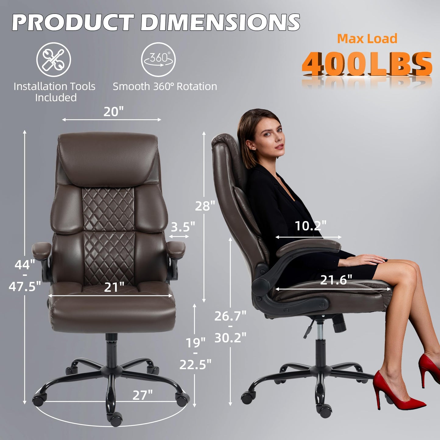 Office Chair - Ergonomic High Back Computer Desk Chair with Rocking Function & Lumbar Support - Executive Comfortable Wide Swivel Rolling Office Leather Chair with Flip-up Armrests for Home Gaming
