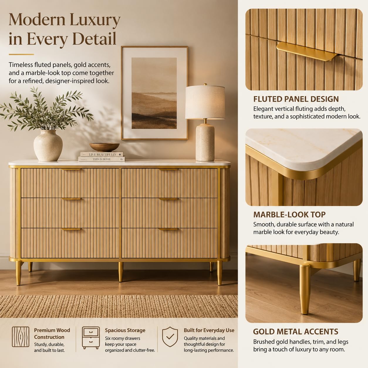 OneBlis 55.1" W 6 Drawer Dresser for Bedroom, Modern Fluted Wood Dresser with Marble-Look Top and Gold Accents, Double Chest of Drawers Storage Cabinet for Closet, Living Room, Entryway, Natural Oak