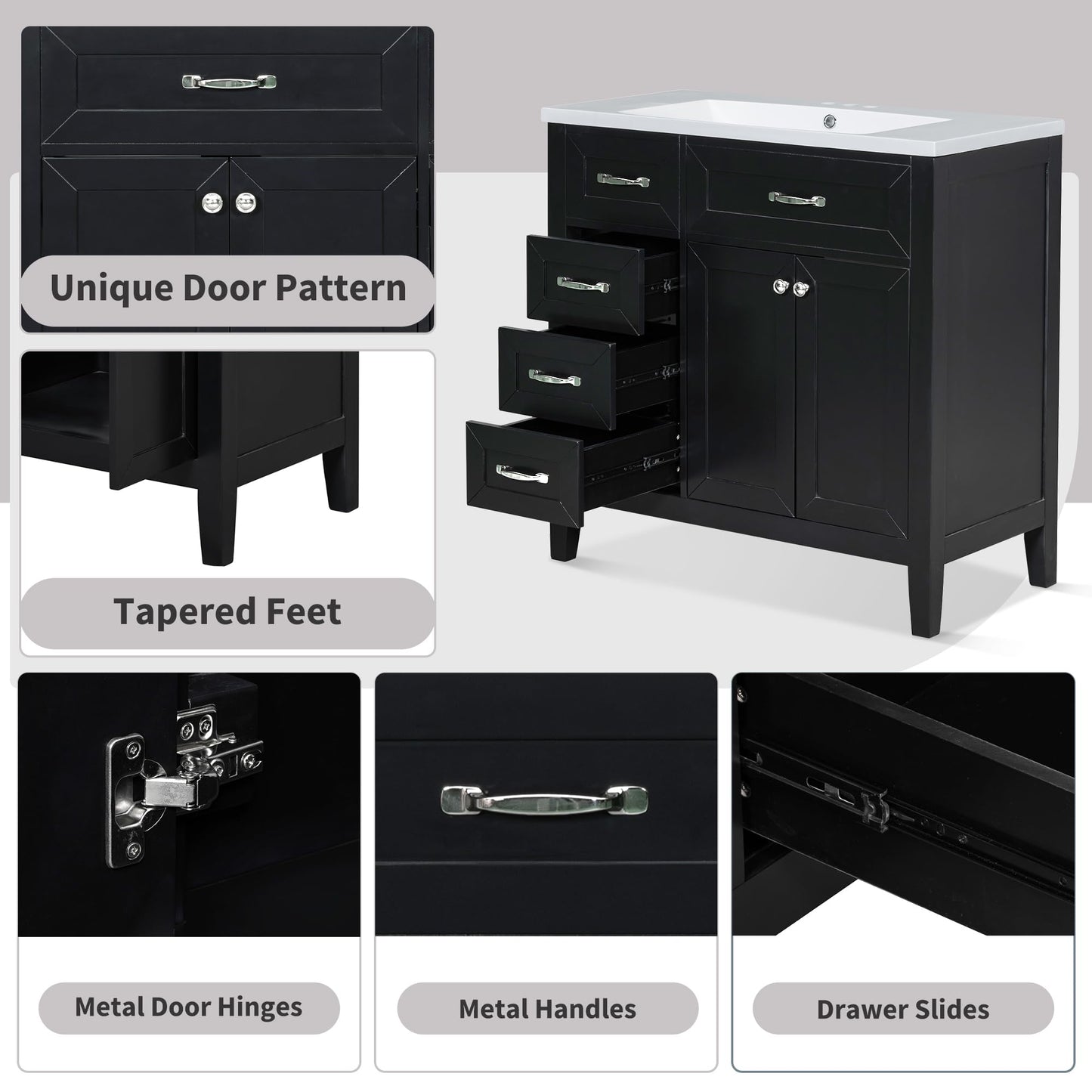 KTATK 36" Bathroom Vanity Without Sink,Cabinet Base Only,Solid Wood Cabinets Basin Vessel Set with 3 Drawers,Water-Proof,Stain Proof,Ample Enclosed Storage Spaces,Black