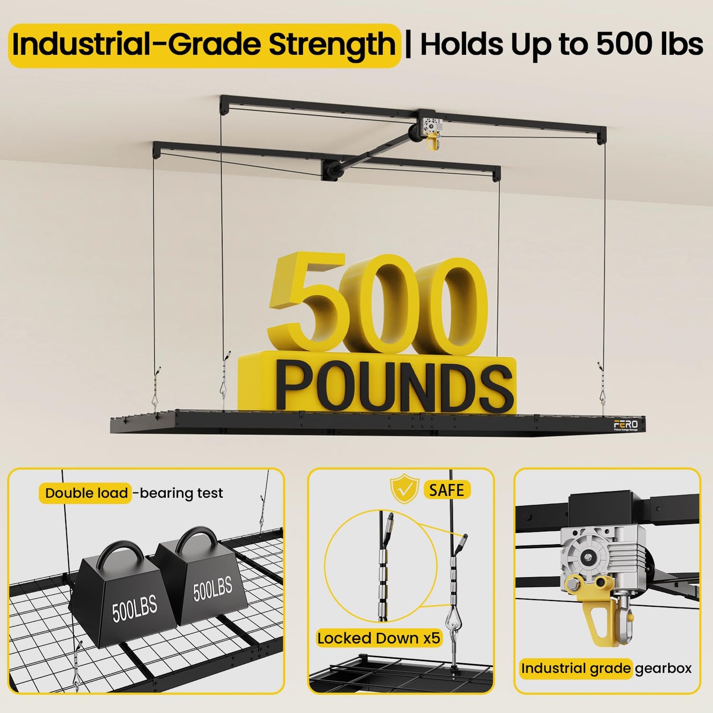 FERO Overhead Garage Storage Rack 4x8, 500 lb Heavy-Duty Capacity, Ceiling Mounted Storage Lift with Safety Lock, Drop Down Overhead Storage System, Garage Ceiling Hoist Organizer