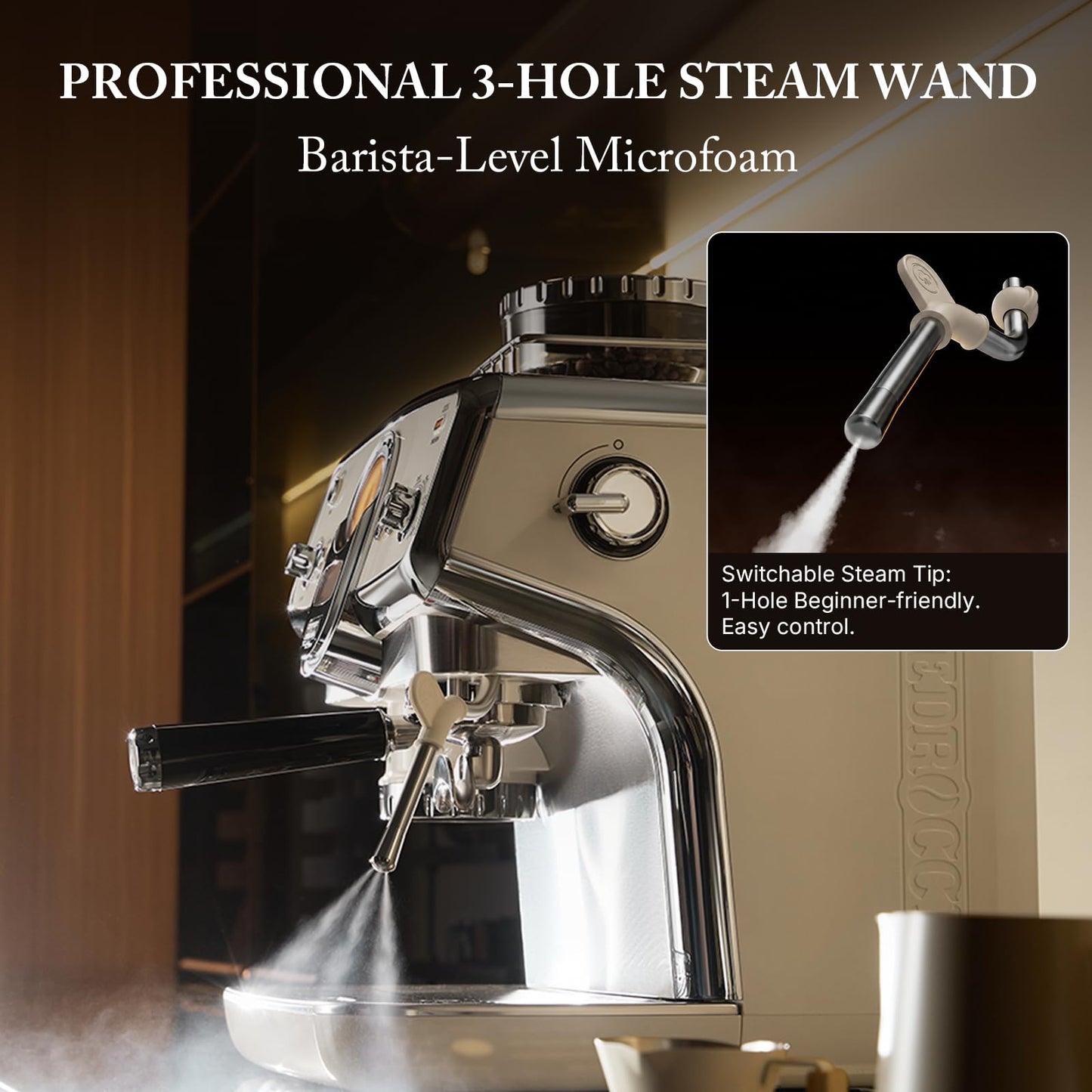 Pedrocchi Espresso Machine with Grinder& Milk Frother | Instant Espresso-to-Cold Brew – Dual Pump | Auto Tamping & 58mm | 20Bar | PID | 35 Settings | 3-Hole Steam Wands | For Home & Café