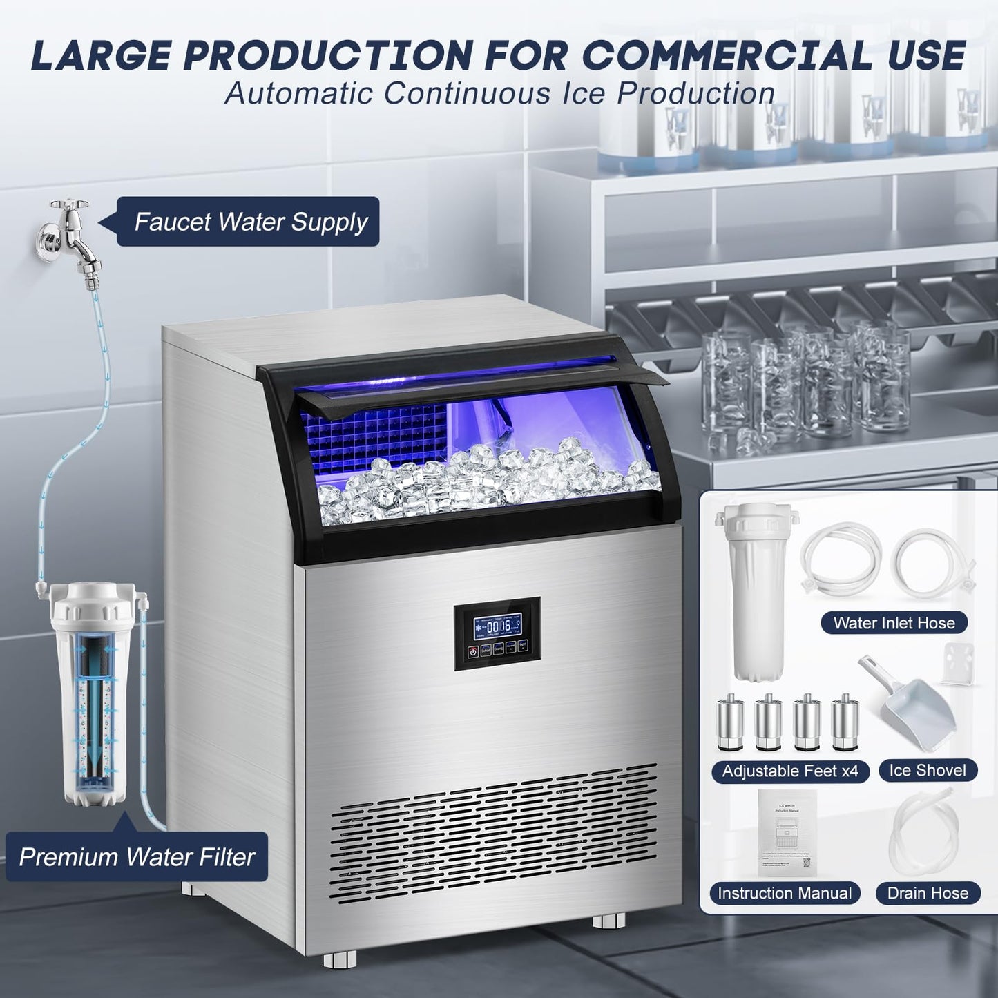 SOZT® Commercial Ice Maker Machine 360LBS/24H, Stainless Steel Under Counter Ice Machine with 80LBS Storage Bin, Self-Cleaning Freestanding Ice Cube Maker for Restaurant, Bar, Home, Office