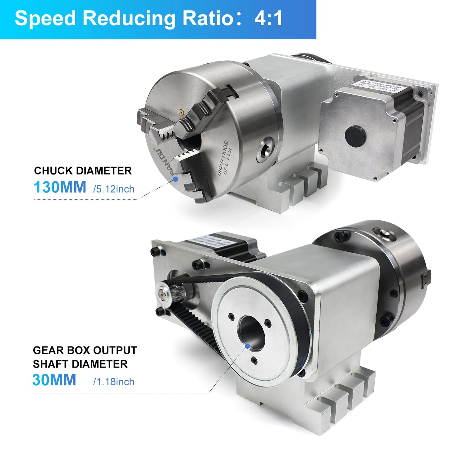 RATTMMOTOR K11-130mm CNC Router Table Rotary Milling Machine Rotational Axis A 4th Axis, 130mm 3 Jaw Chuck Dividing Head Reducing Ratio 4:1, Nema34 Stepper Motor