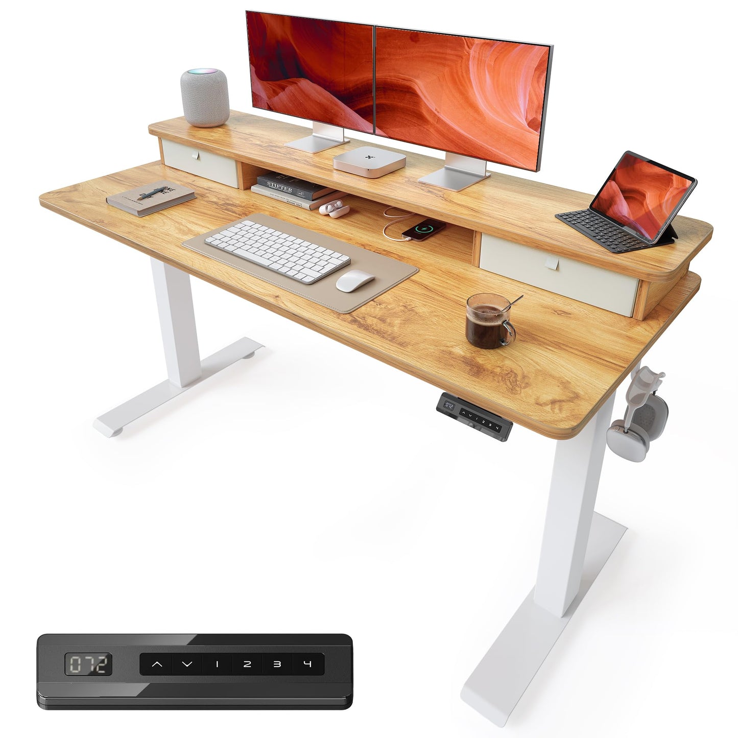 BANTI 55x24 Inch Electric Height Adjustable Standing Desk, Home Office Computer Desk with Double Storage Drawers, 4 Adjustable Feet & 2 Hooks, Light Rustic