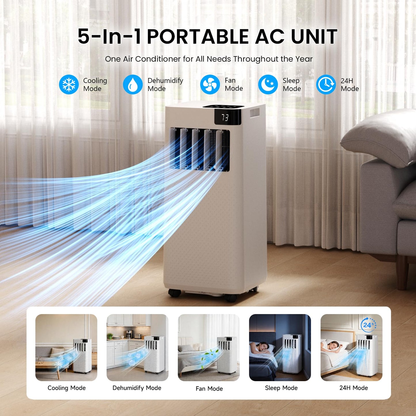 Augsmile Portable Air Conditioner 16,000 BTU with WiFi App Control, 5-in-1 AC Unit (Cool, Fan, Dehumidifier, Sleep, Timer) for Rooms up to 850 sq ft, Leak-Proof Design, Window Kit