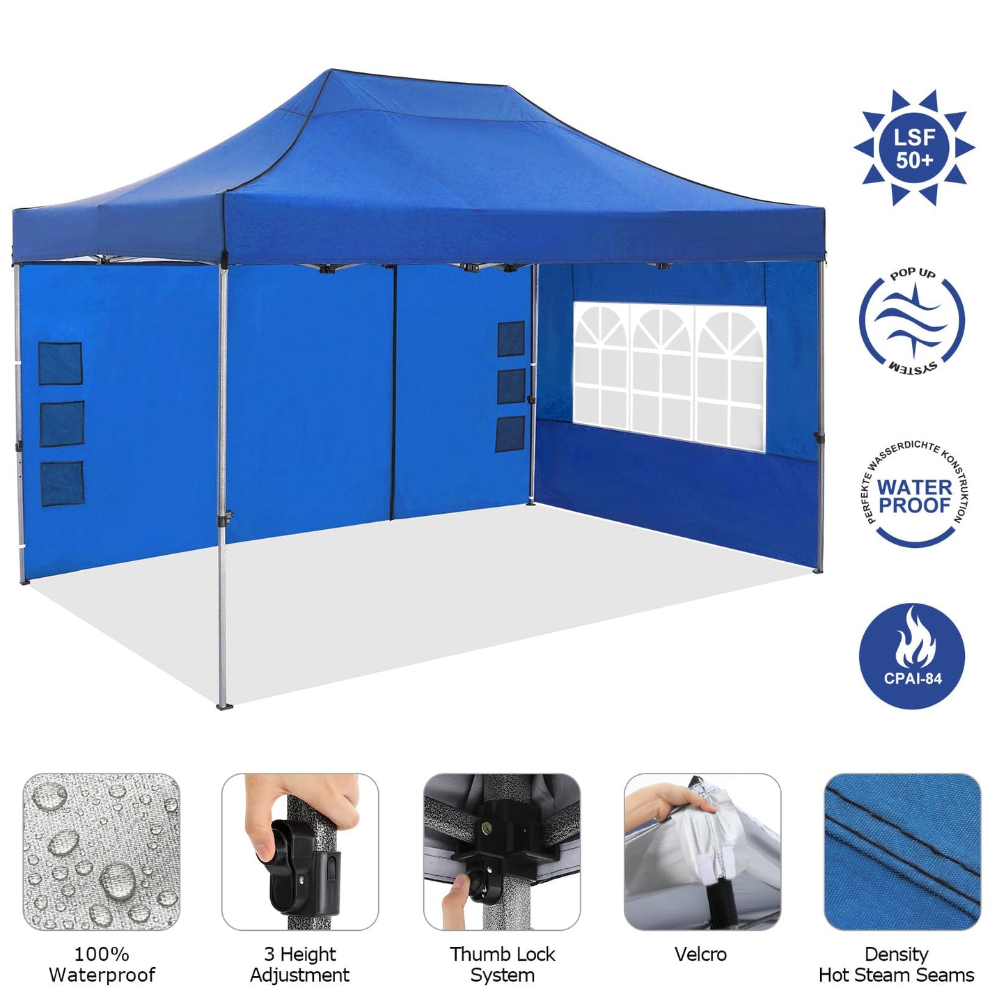 COBIZI 10x15 Pop up Canopy Gazebo 3.0, Easy up Heavy Duty Canopy with 4 Removable Sidewalls, High Stability, All Weather Sunshade 100% Waterproof Outdoor Canopy Tents with Carry Bag, Blue