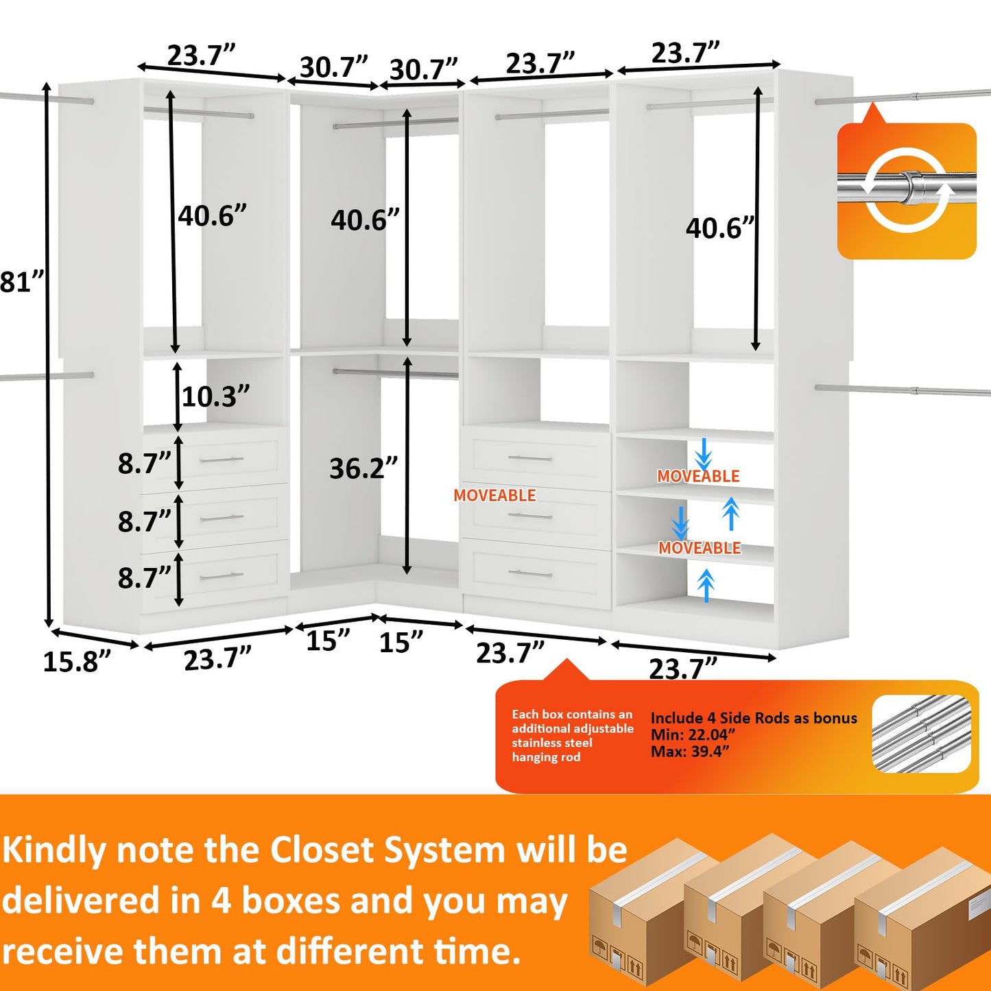 Secilix Closet System with 6 Wooden Drawers, 4.5-21.6FT L-Shaped Corner Organizer Systems with 6 Shelves & 9 Hanging Rods, Modular Closet Storage System for Walk in Closet, 2800+ Lbs Capacity,4 Sets